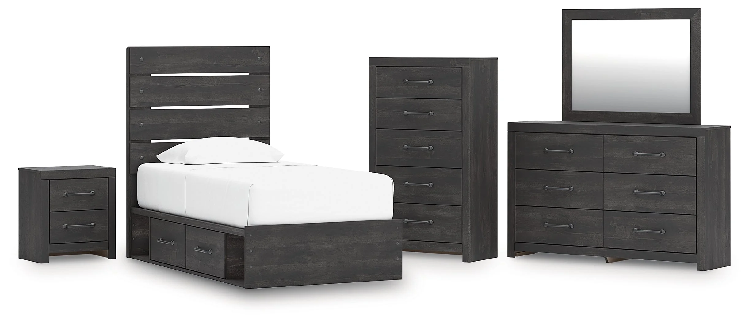 Hollivern Twin Panel Bed with Storage with Mirrored Dresser, Chest and Nightstand in Dark Gray