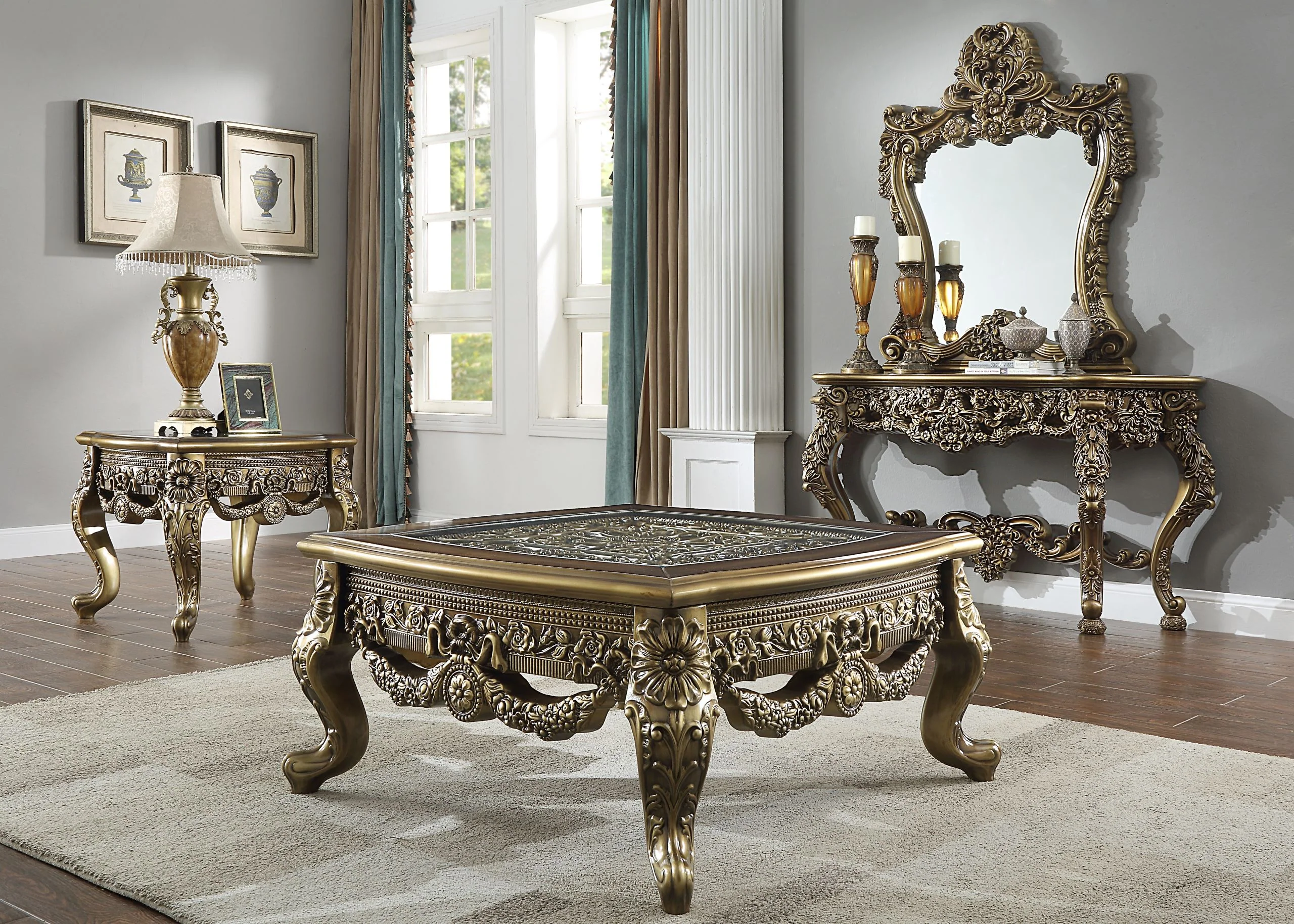 Homey Design HD-905 Perfect Brown Metallic Antique Gold 3-Piece Br Coffee Table Set