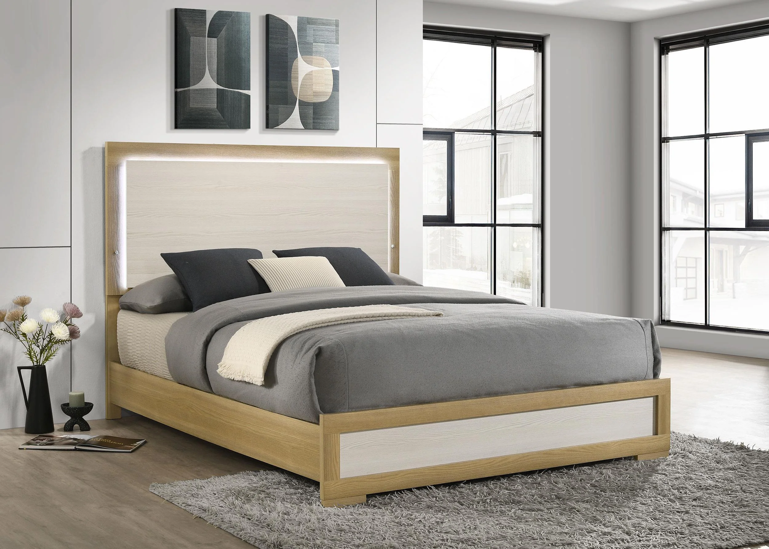 Hyland Natural Eastern King Panel Bed LED Headboard