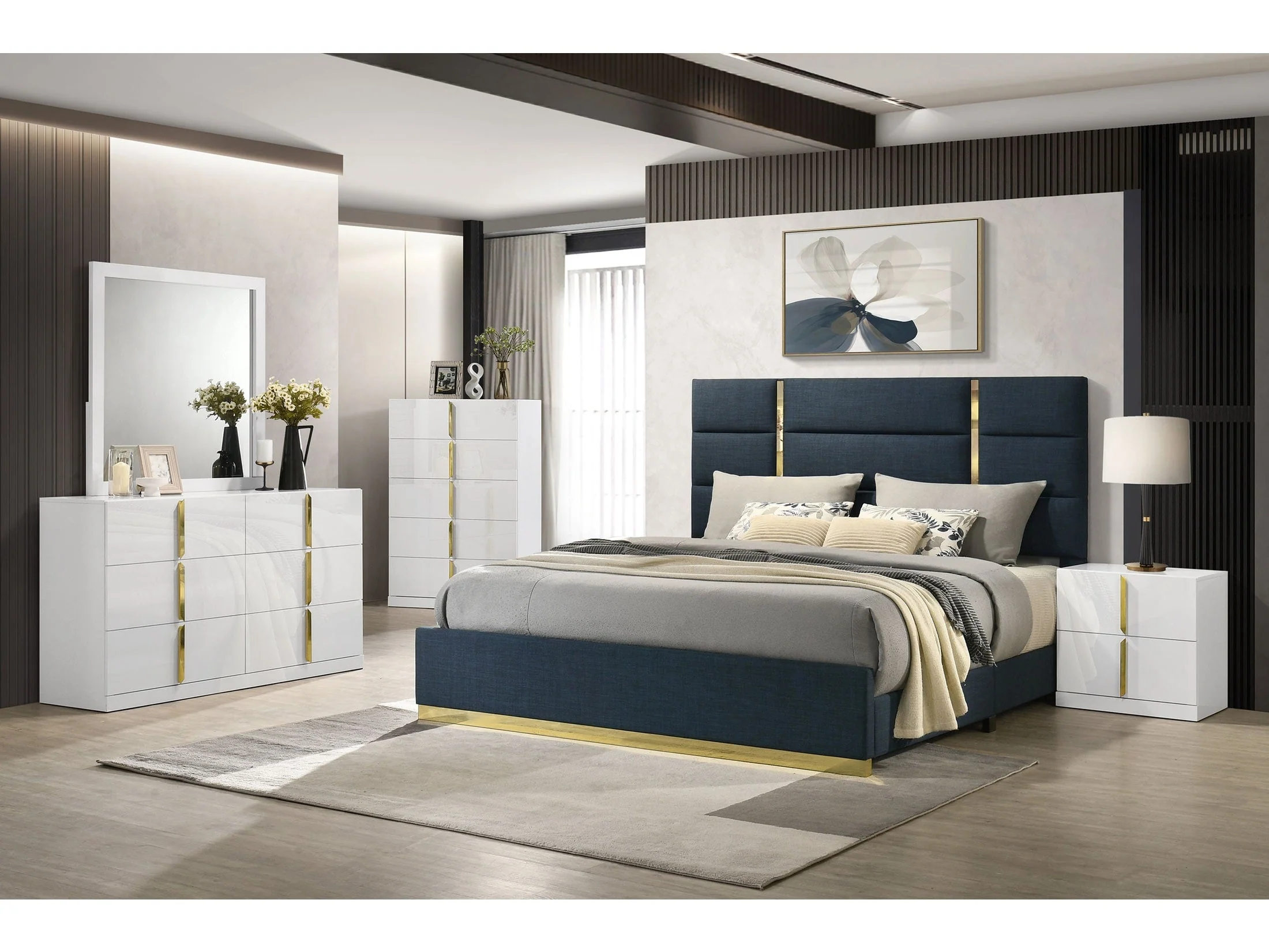 Ines Navy/White High Gloss 5-piece Queen Bedroom Set