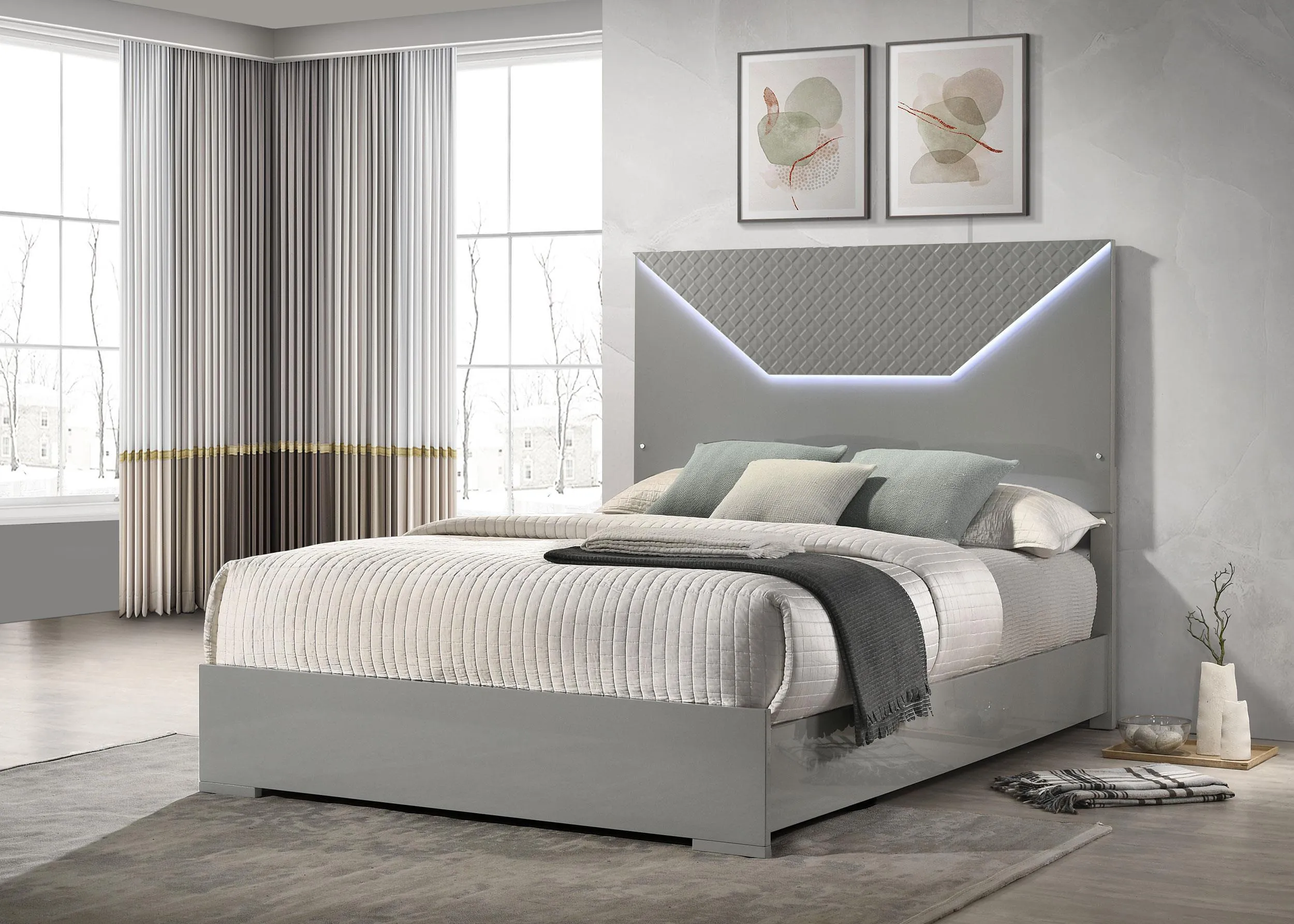 Ives Gray High Gloss Eastern King Panel Bed LED Headboard
