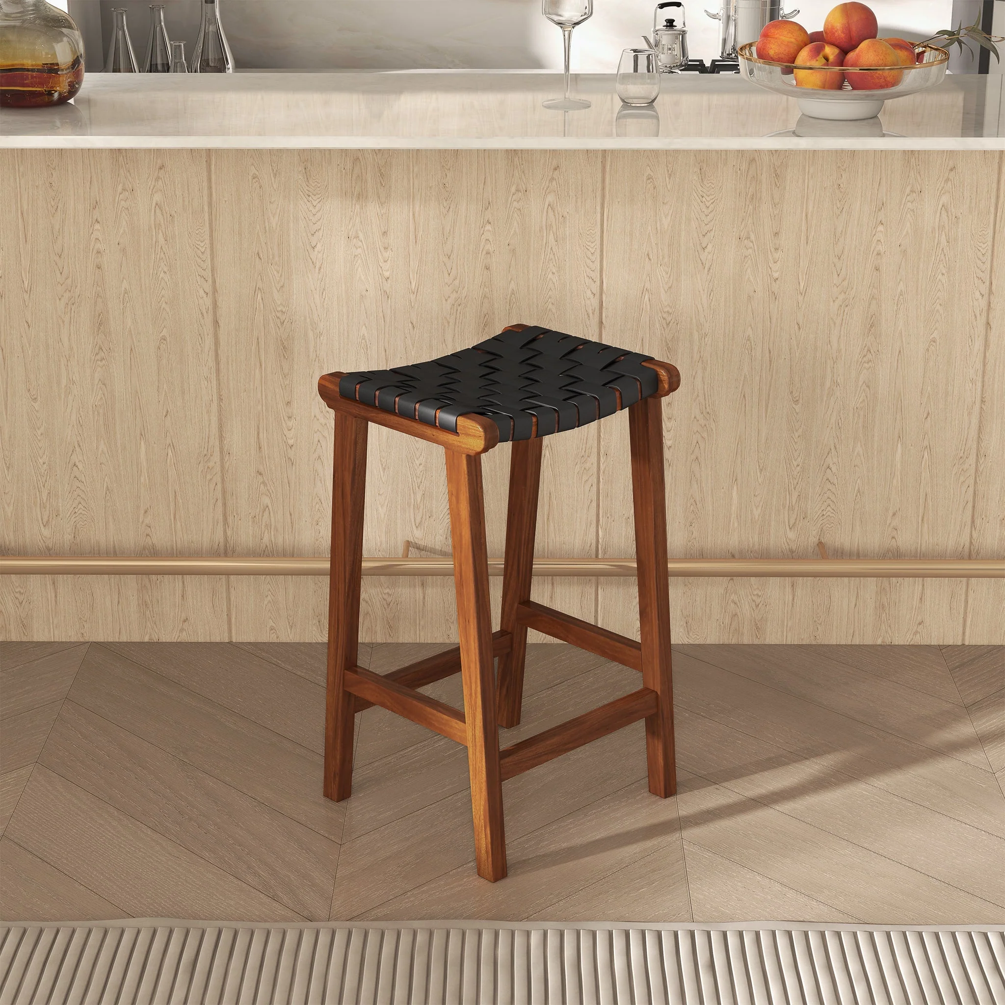 James Mid-Century Modern Genuine Black Leather 24.5" Counter Stool - Image 3