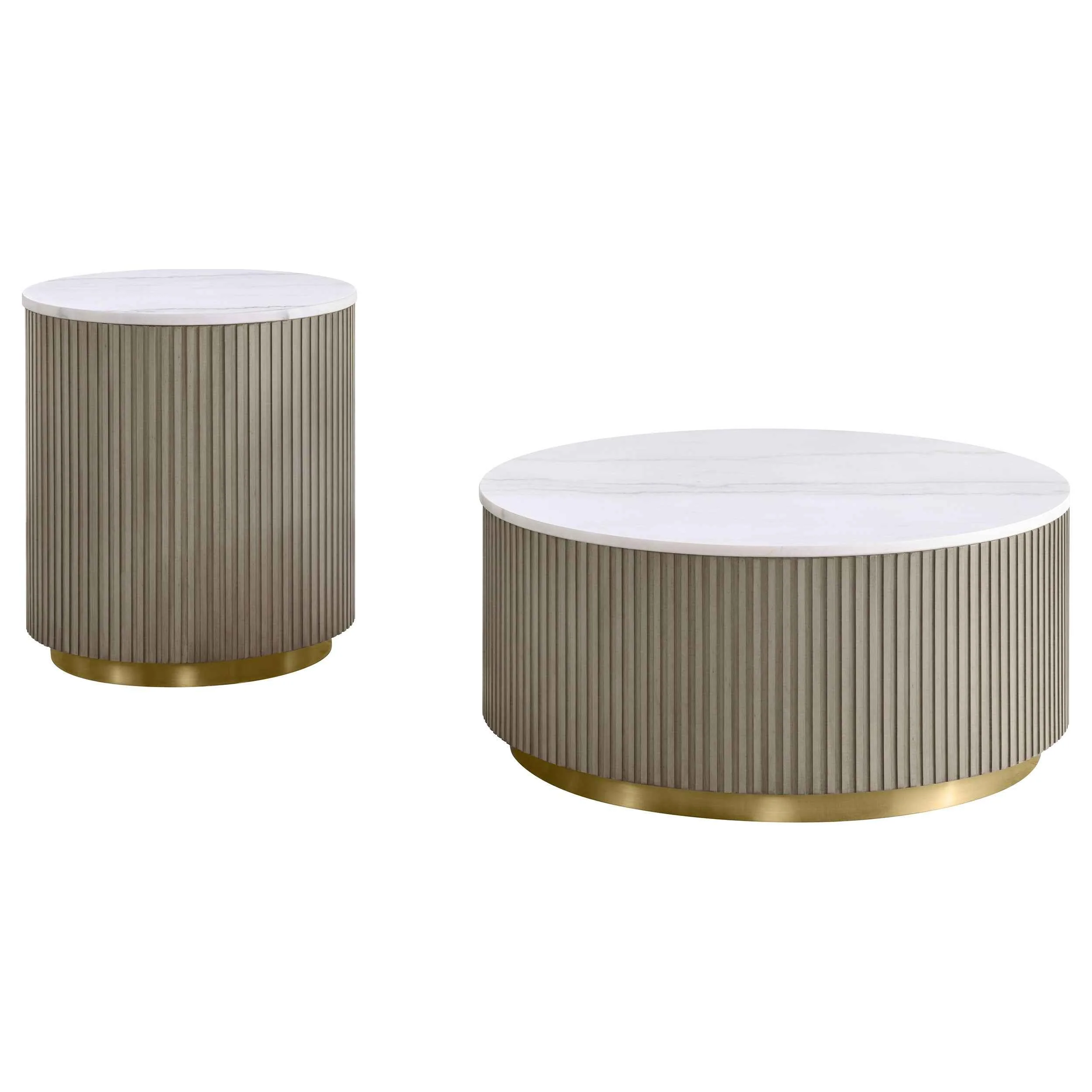 Jason Greige/White Marble 2-piece Round White Marble Coffee Table Set - Image 2