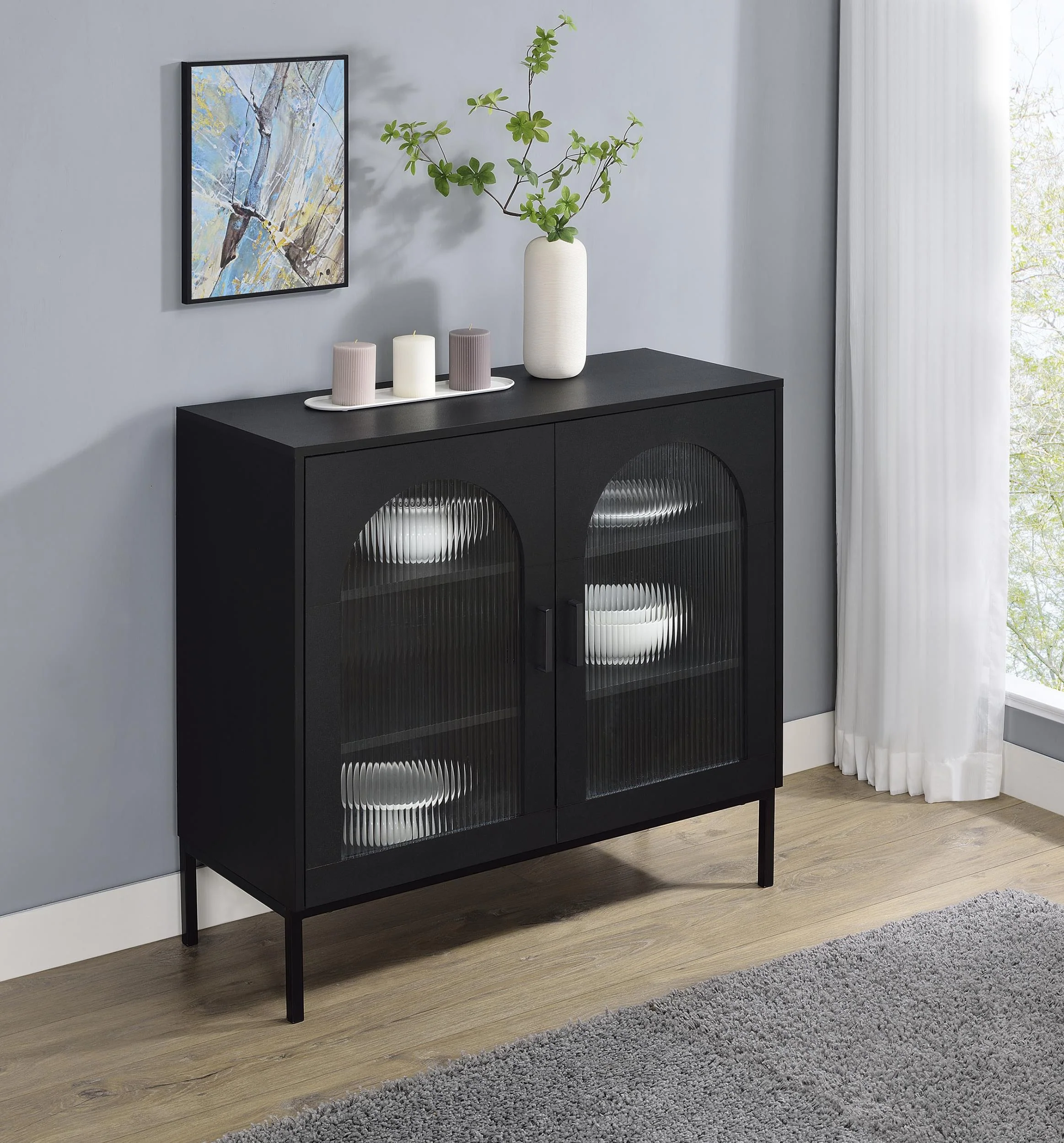 Jess Black 2-Door Arched Fluted Glass Accent Cabinet