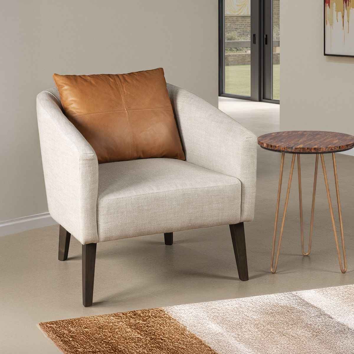 Jessie 22" Accent Chair in Beige Linen with Tan Leather Accent Pillow - Image 3