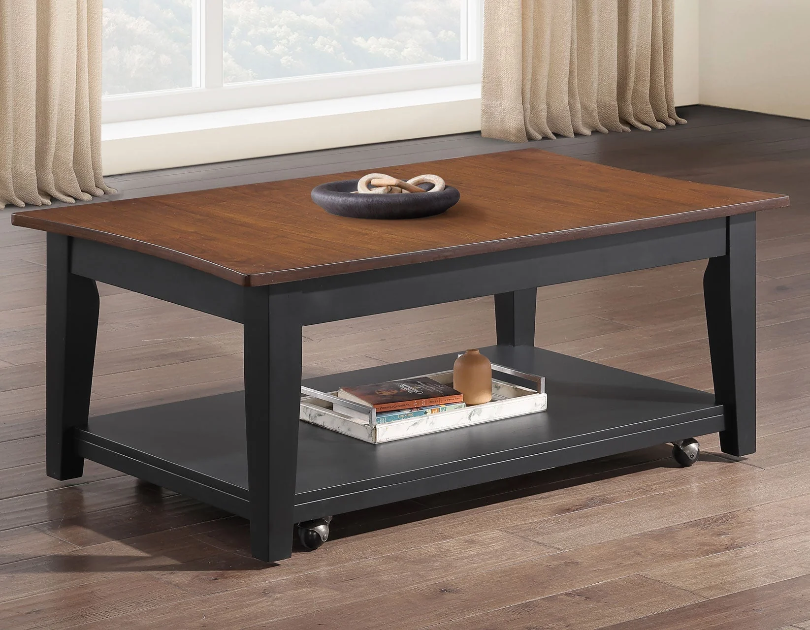 Joplin Walnut/Ebony Lift-Top Cocktail Table with Casters