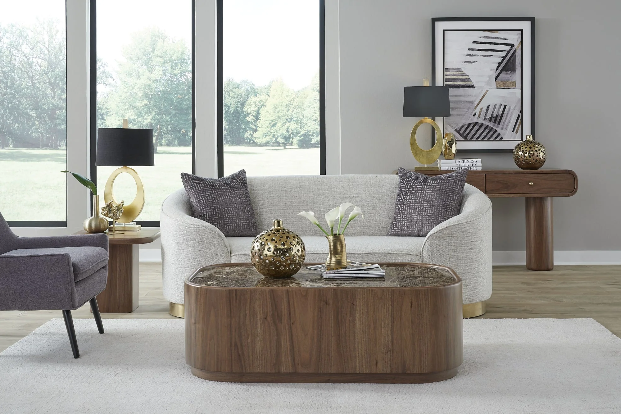 Juba Mongoose Natural Marble and Walnut Coffee Table with Casters - Image 6