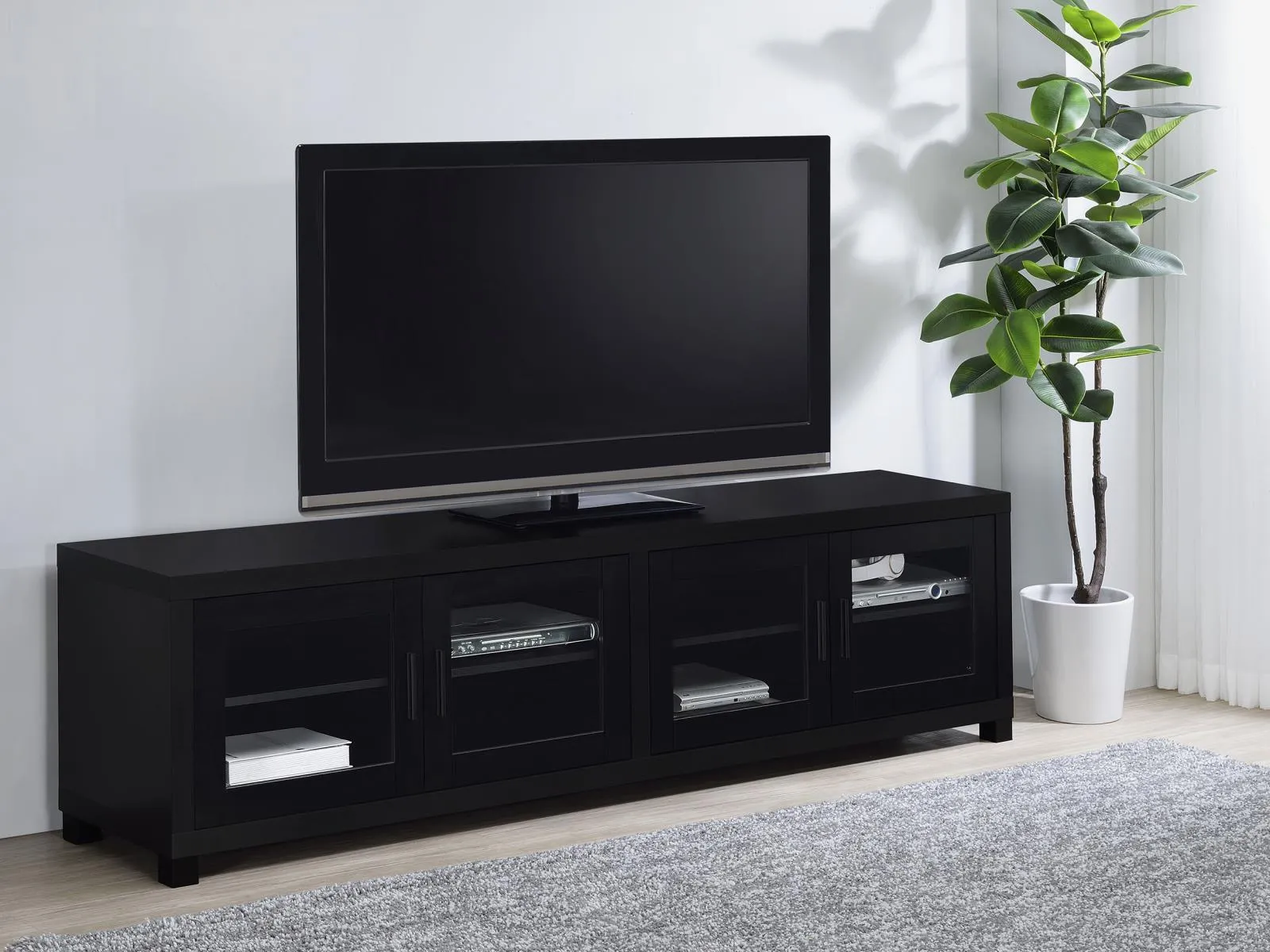 Jupiter Black 4-door 79" TV Stand Media Console with Framed Glass Panels - Image 2