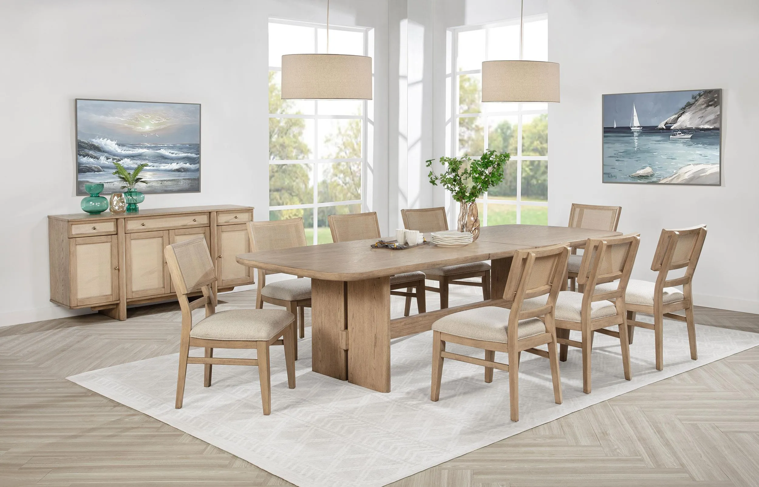 Kailani Beige Oak 9-Piece Rectangular Wood Dining Table Set