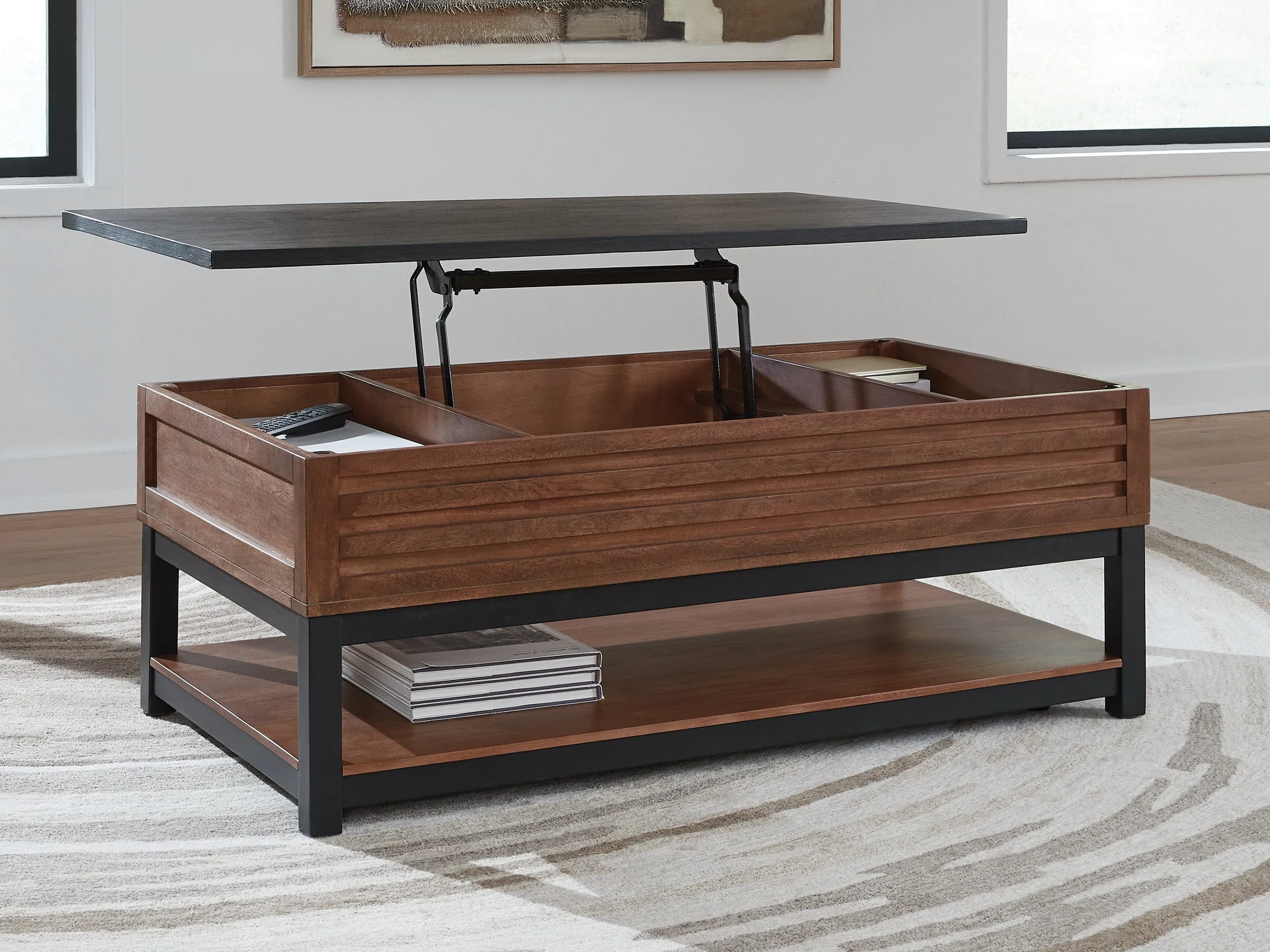 Kallari Warm Brown/Black Lift-Top Coffee Table - Image 6