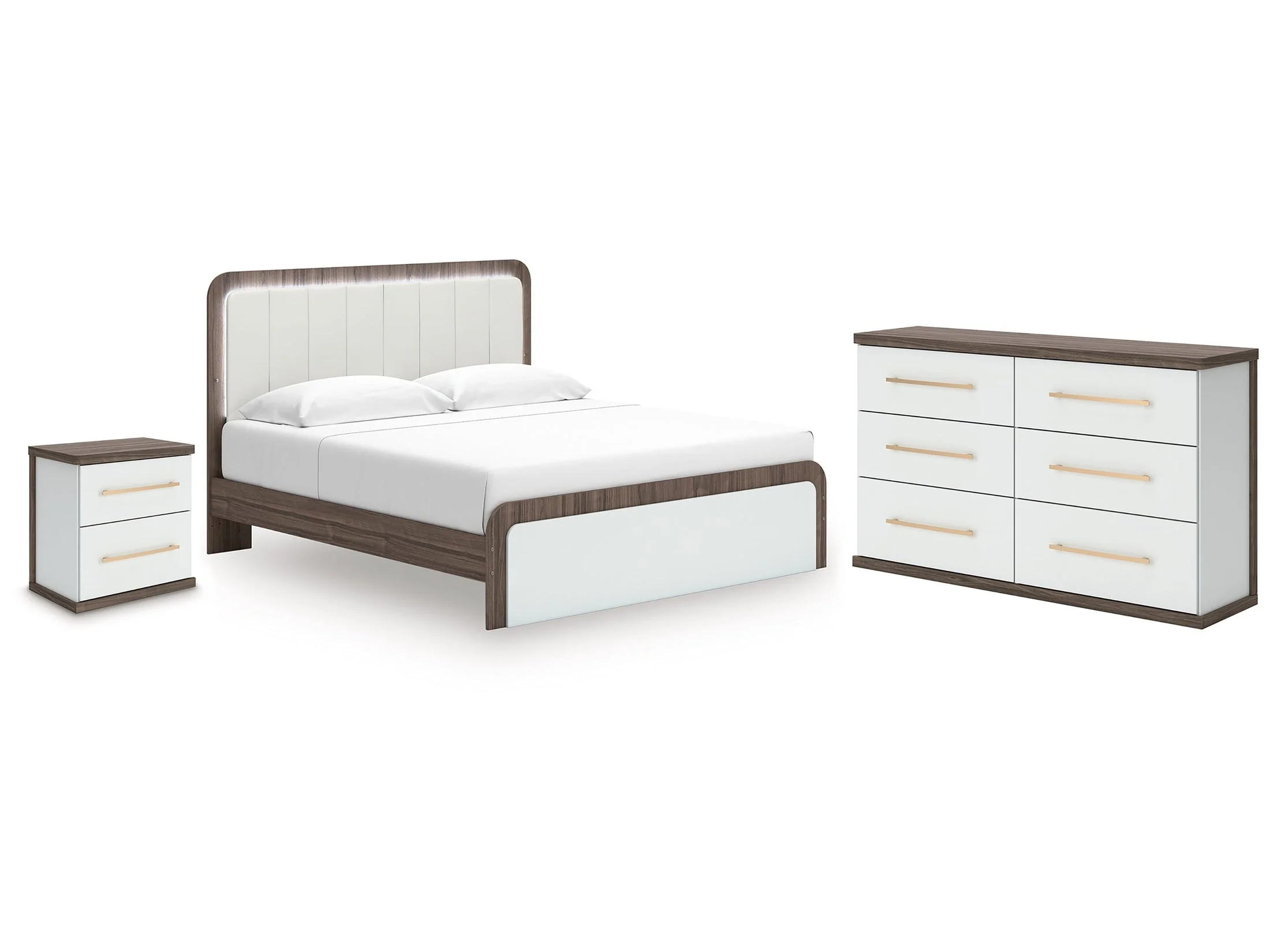 Kendanport White/Brown King Upholstered Bed, Dresser and Nightstand - Image 2