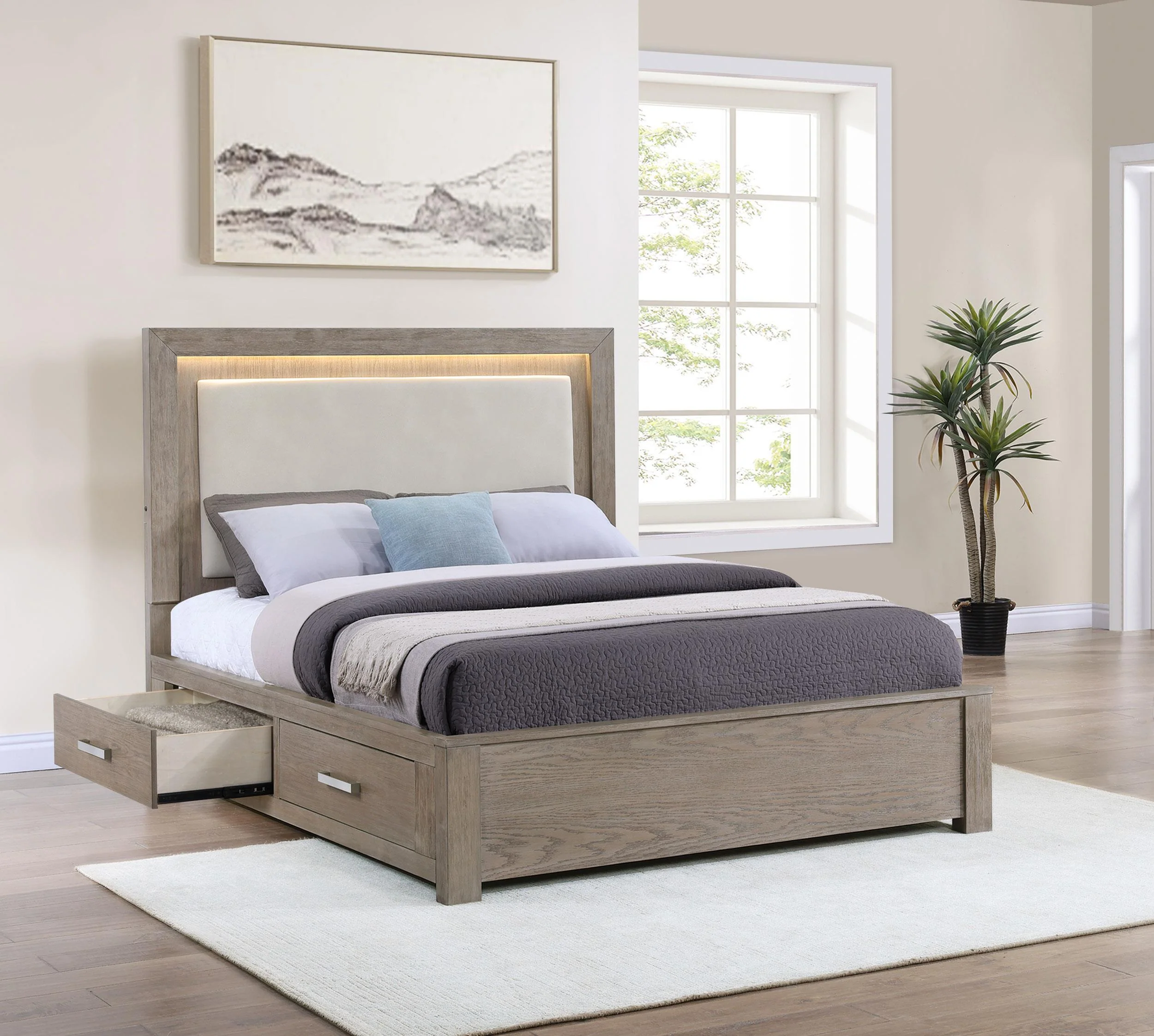 Kenora 56-inch California King LED Storage Bed Barley Brown - Image 2