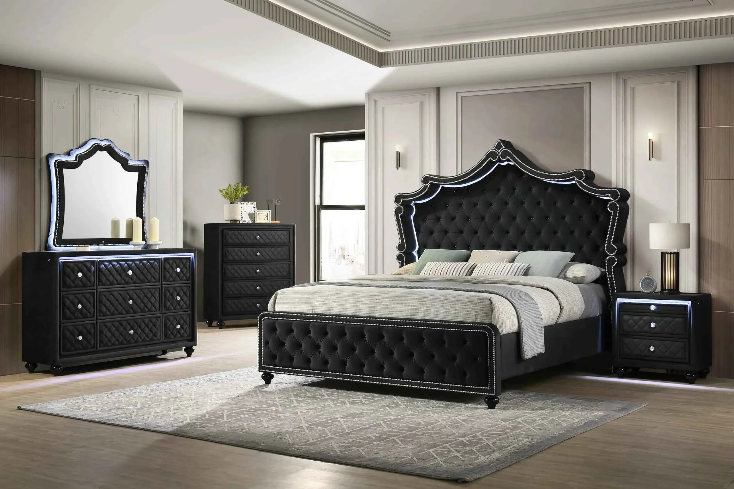 Kingdom Black Queen Velvet Panel Bedroom Set - Image 2