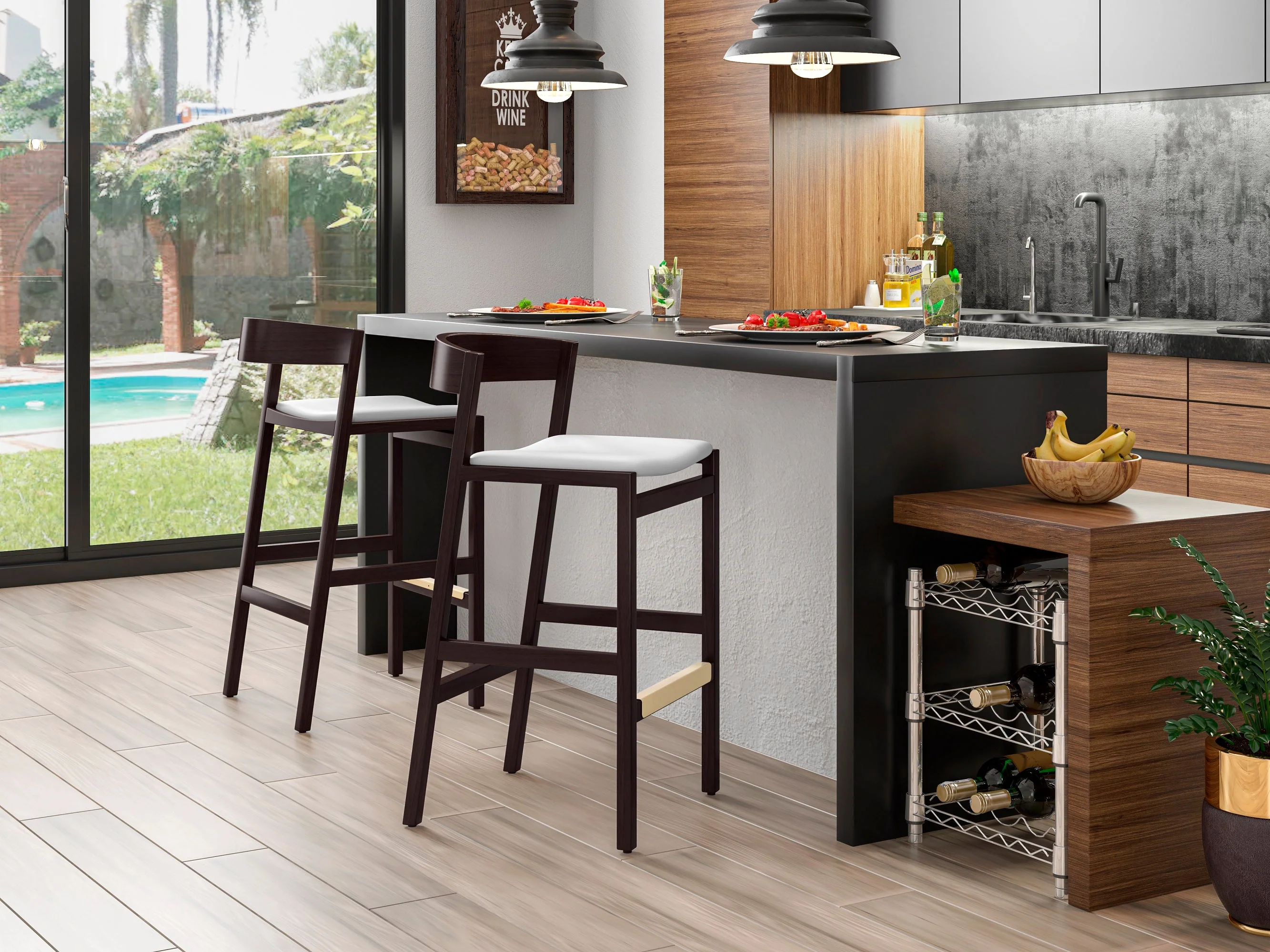 Klismos Barstool in Ivory and Dark Walnut (set of 2) - Image 2