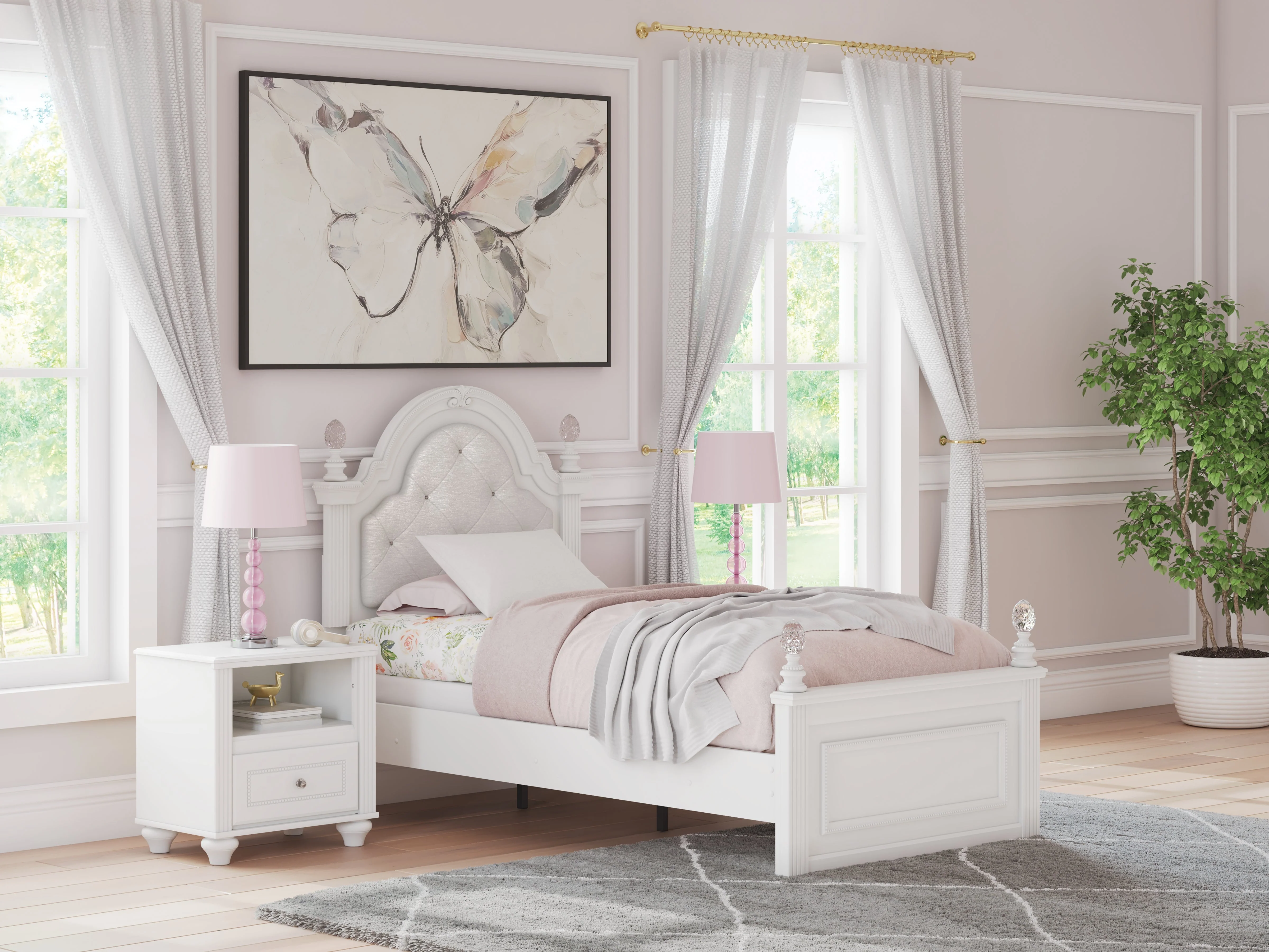 Kozlani White Twin Upholstered Panel Bed, Dresser and Mirror - Image 13