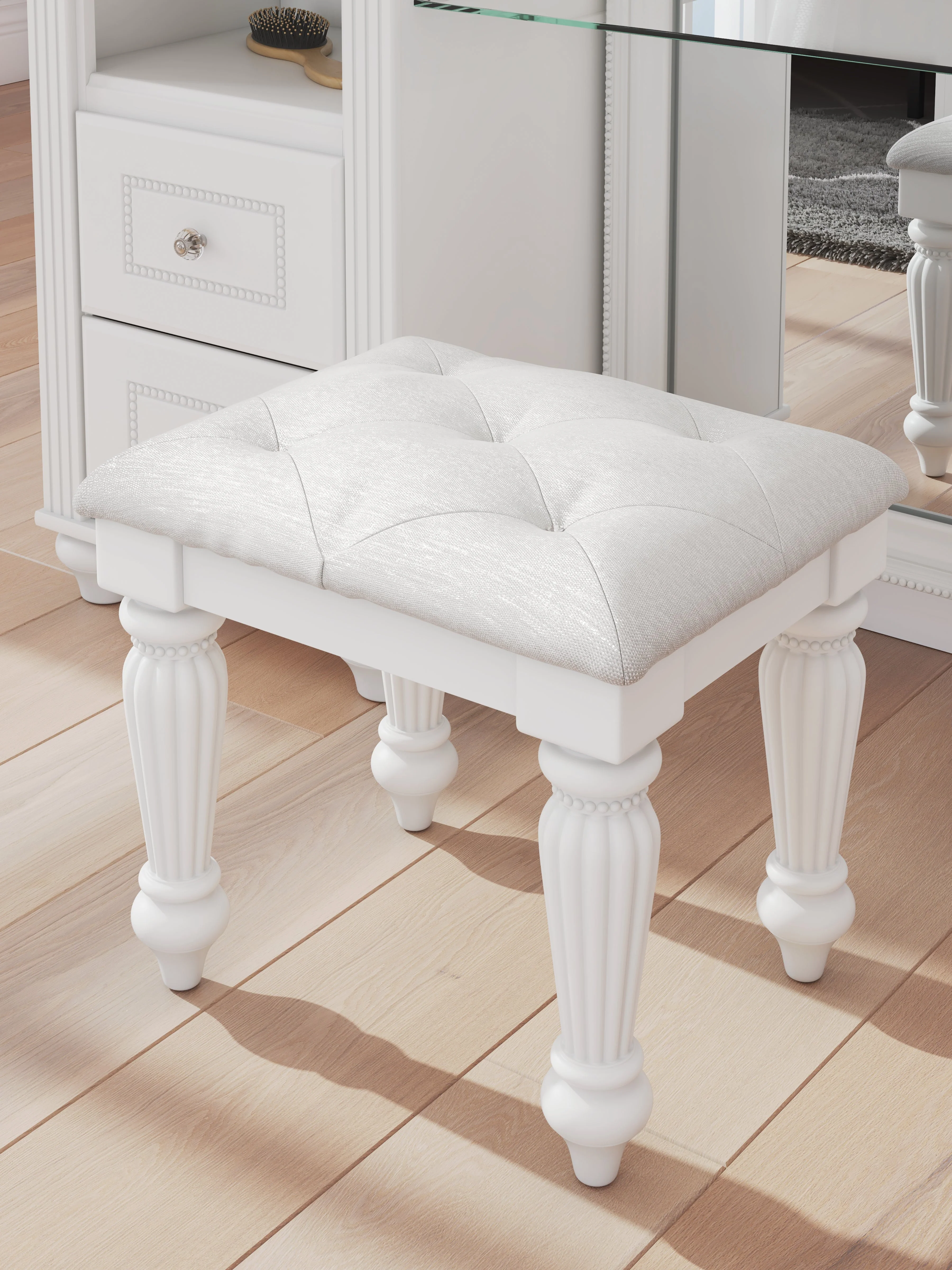 Kozlani White Vanity, Mirror and Stool - Image 15