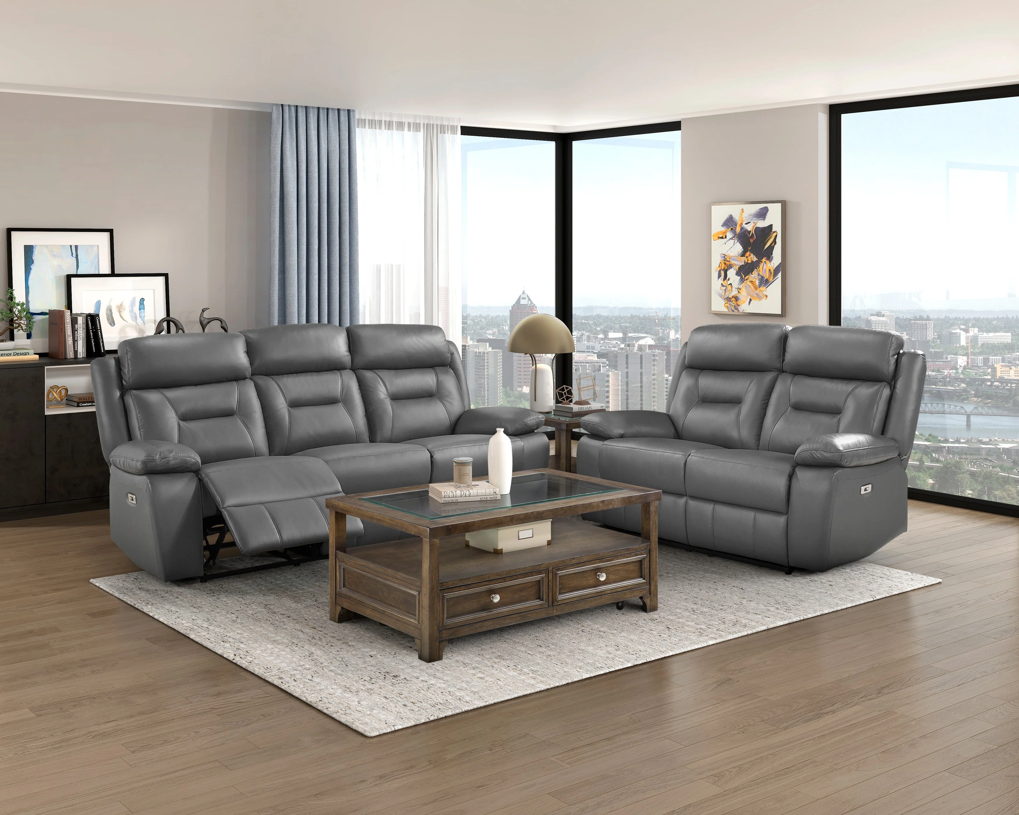 Laconia Dark Gray Leather Power Double Reclining Sofa - Image 2
