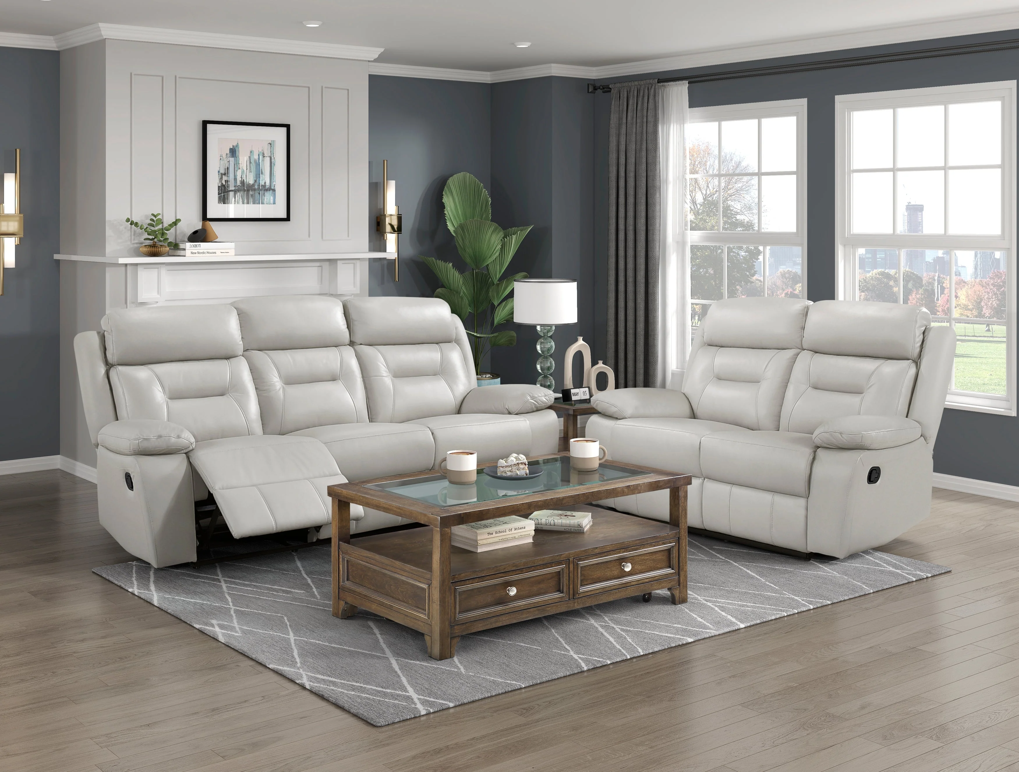 Laconia Silver Leather Double Reclining Living Room Set - Image 2