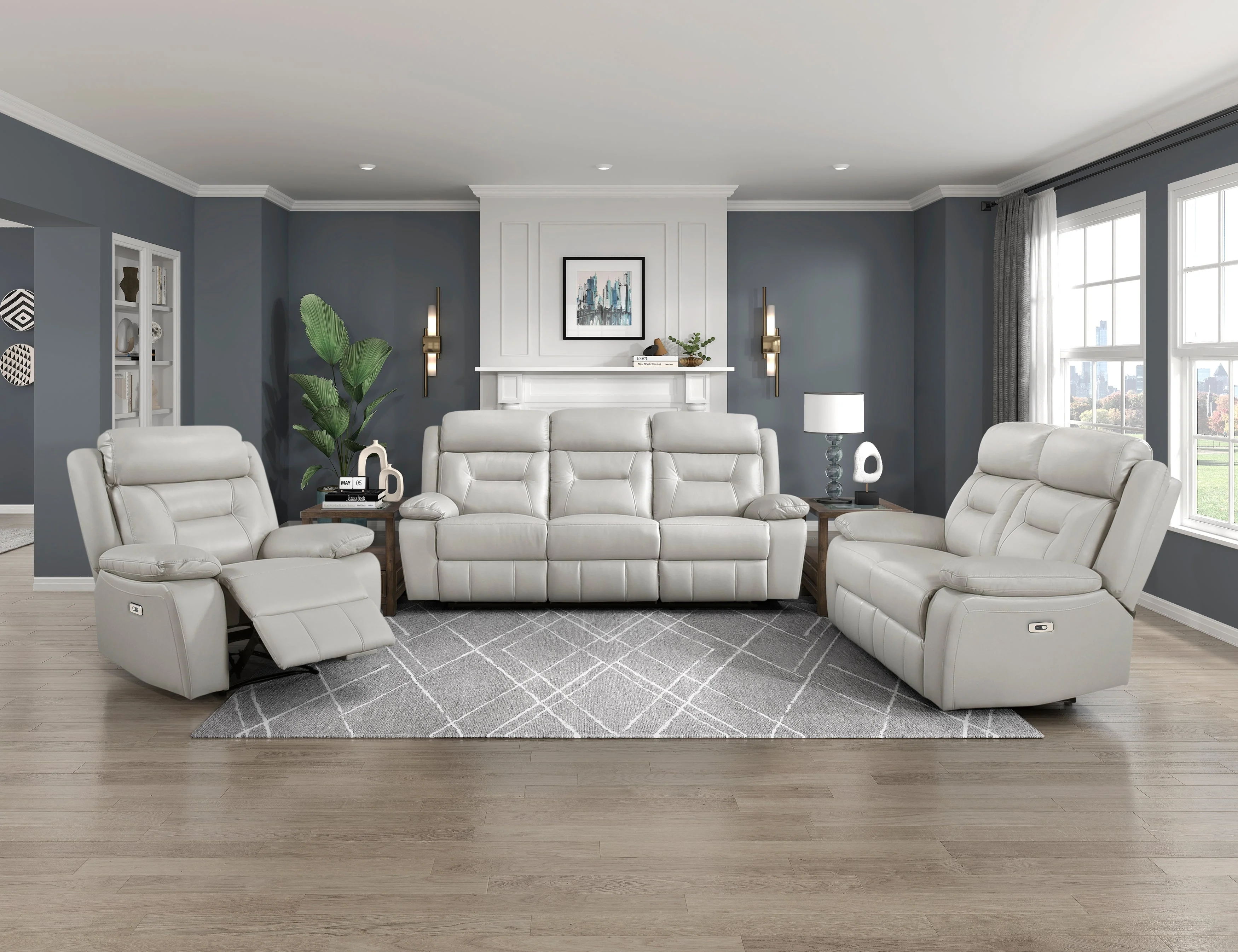 Laconia Silver Leather Power Double Reclining Living Room Set