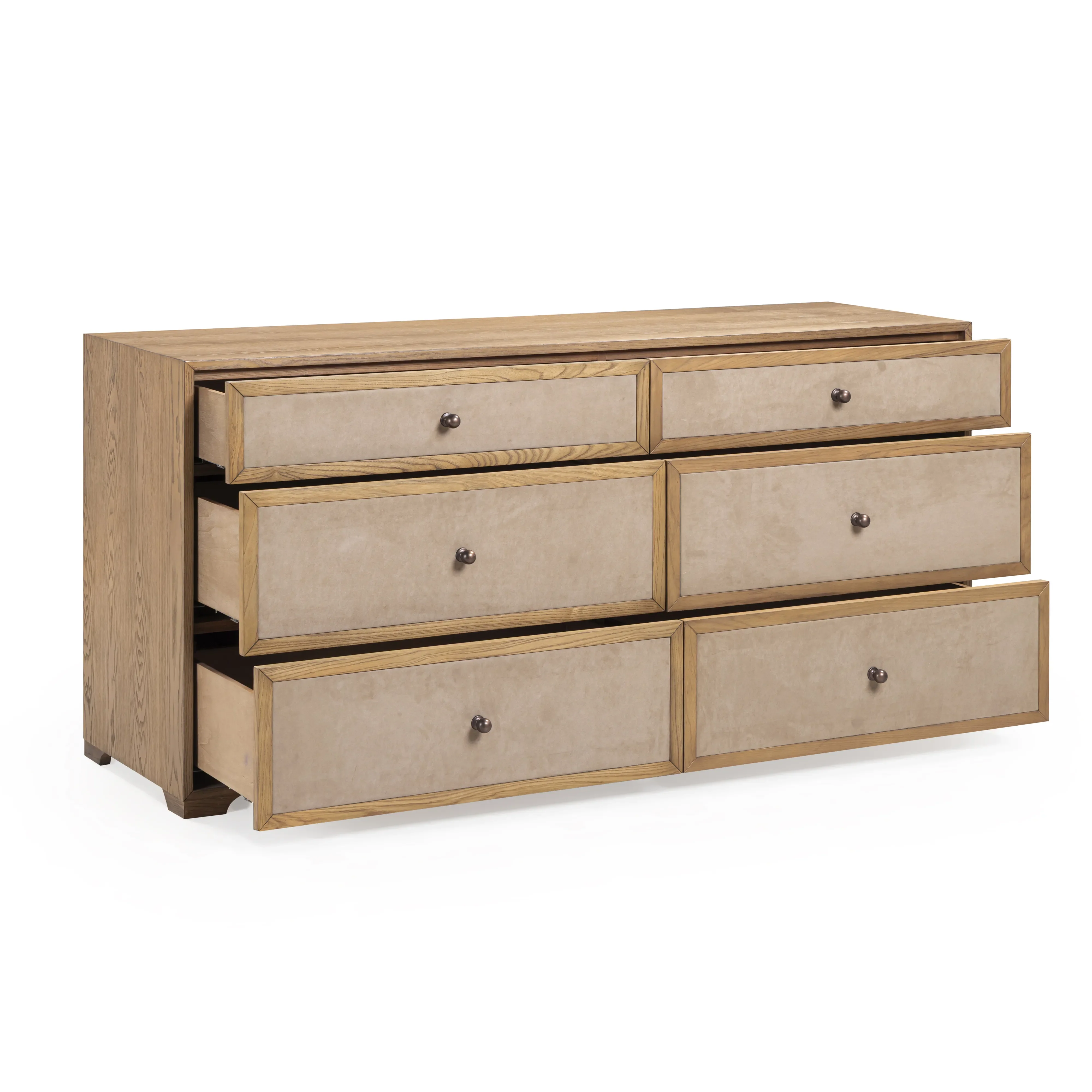 Laurentis 64" Light Taupe Suede and Wood 6-Drawer Dresser - Image 5