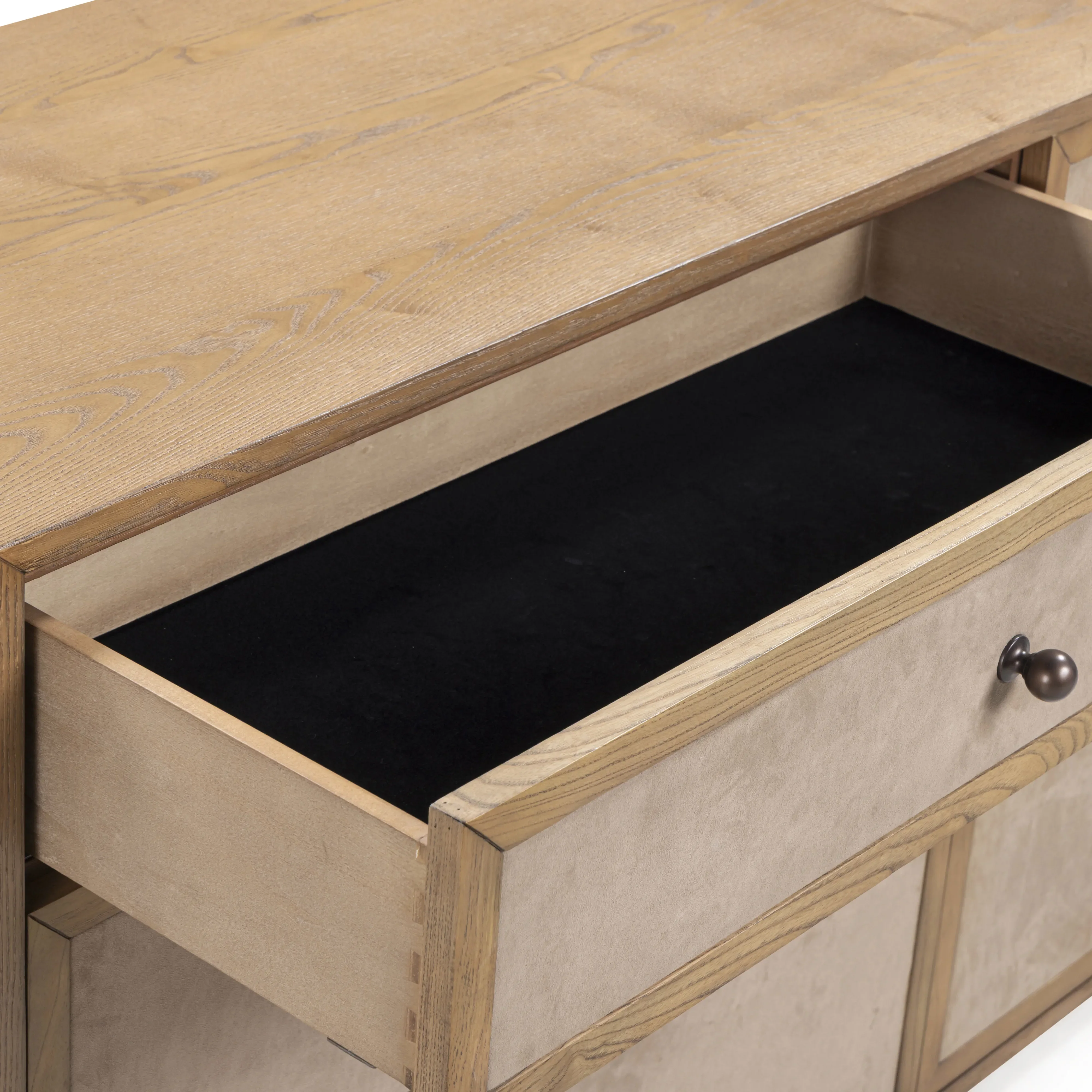 Laurentis 64" Light Taupe Suede and Wood 6-Drawer Dresser - Image 6