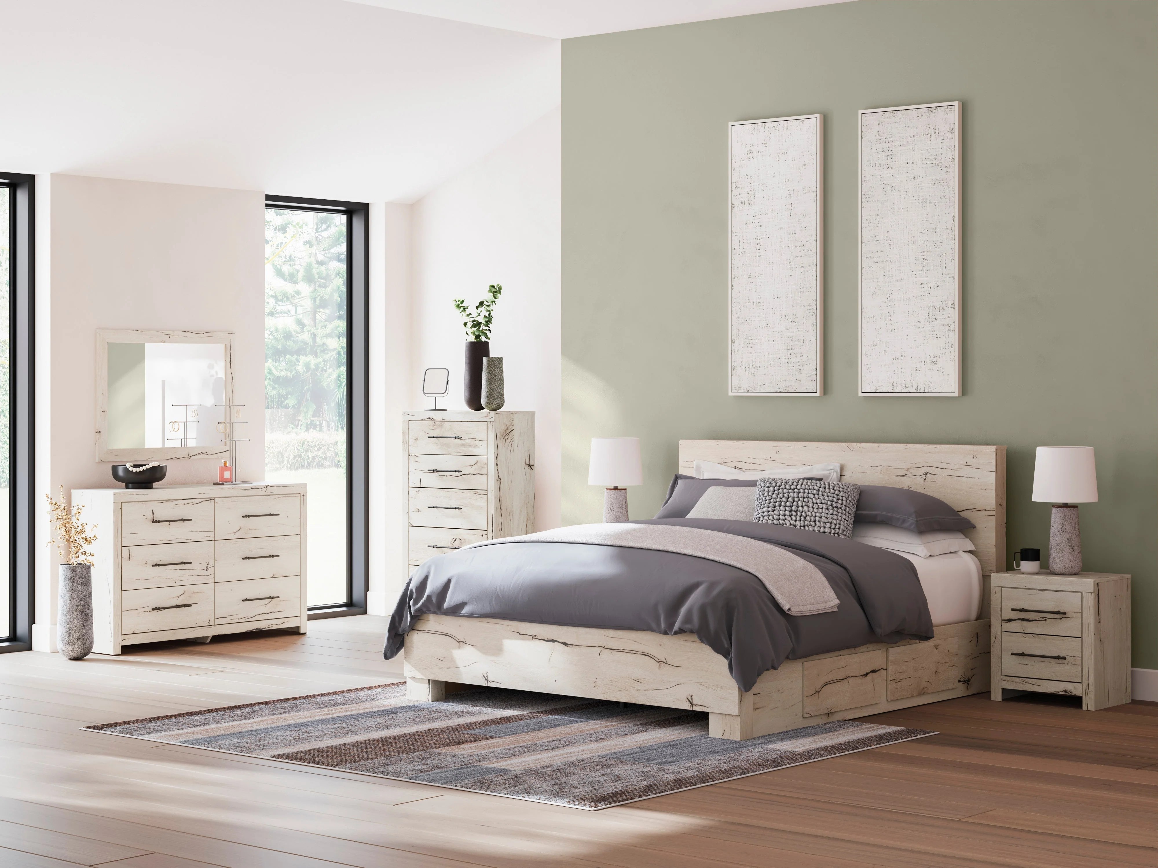 Lawroy Light Natural Storage Panel Bedroom Set with 4 Side Drawers