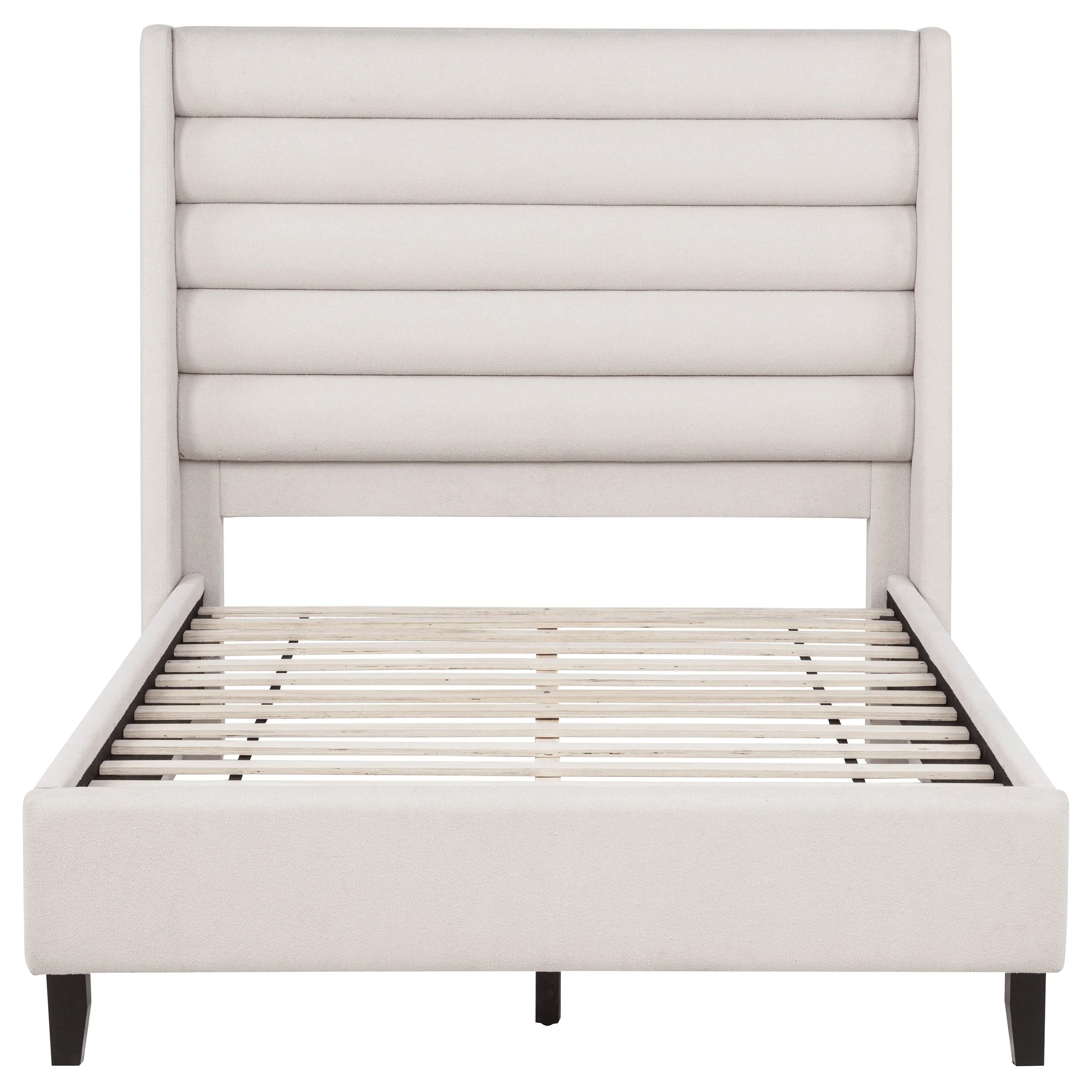 Leslie Beige Upholstered Tufted Full Wingback Platform Bed - Image 2