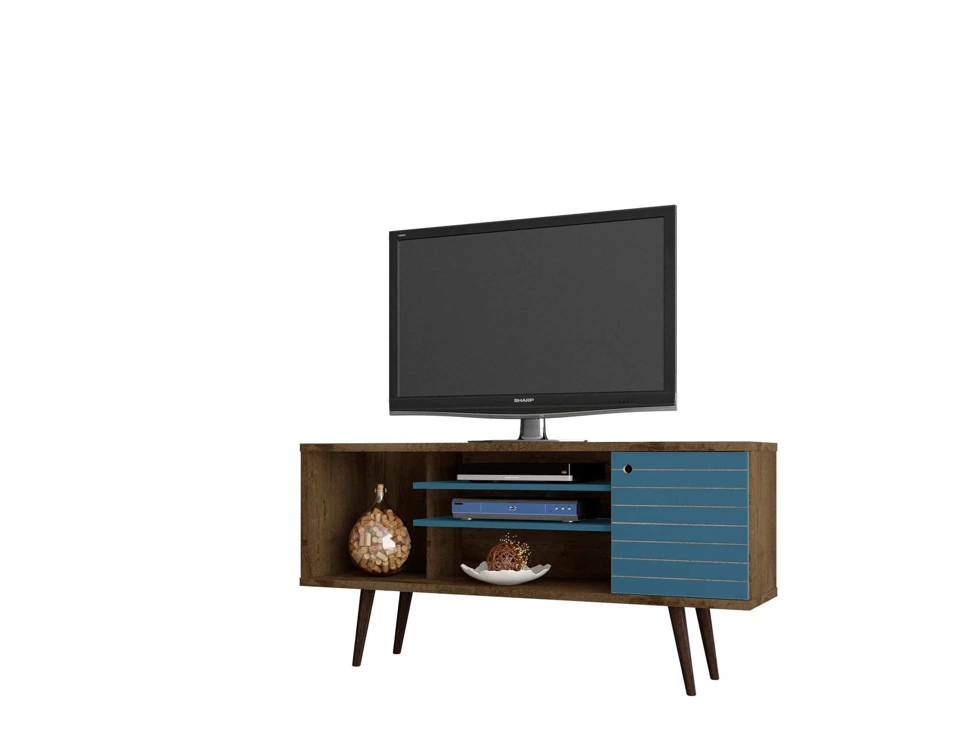 Liberty 53.14" Mid-Century Modern TV Stand in Rustic Brown and Aqua Blue
