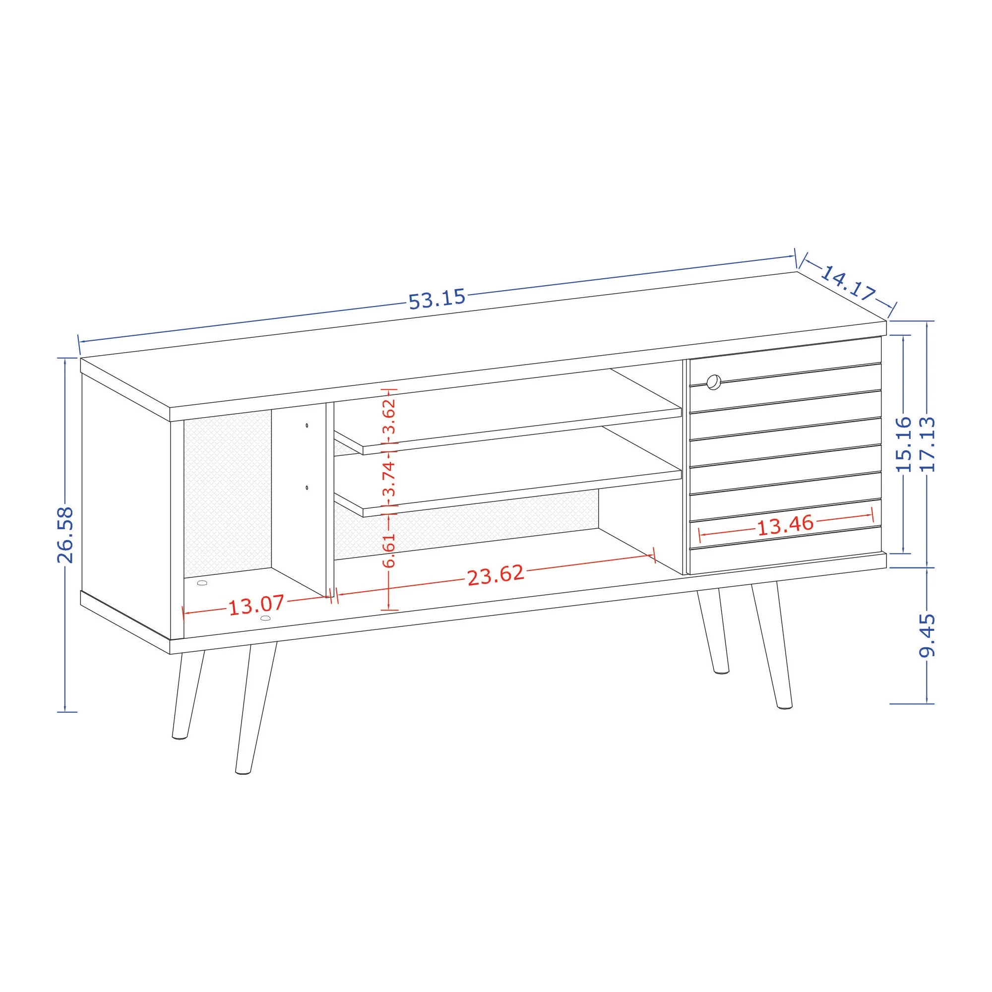 Liberty 53.14" Mid-Century Modern TV Stand in Rustic Brown and Aqua Blue - Image 3