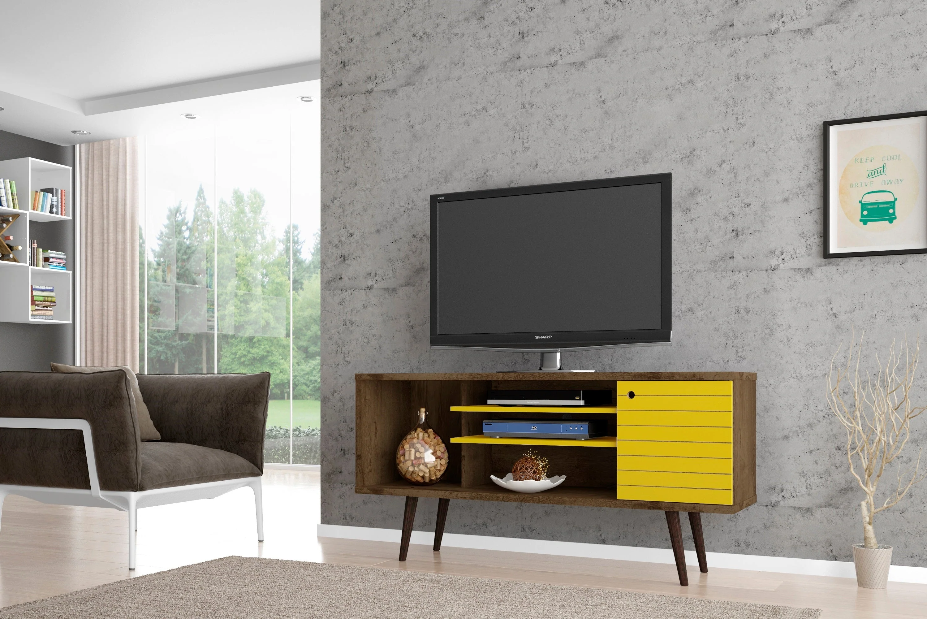 Liberty 53.14" Mid-Century Modern TV Stand in Rustic Brown and Yellow - Image 2
