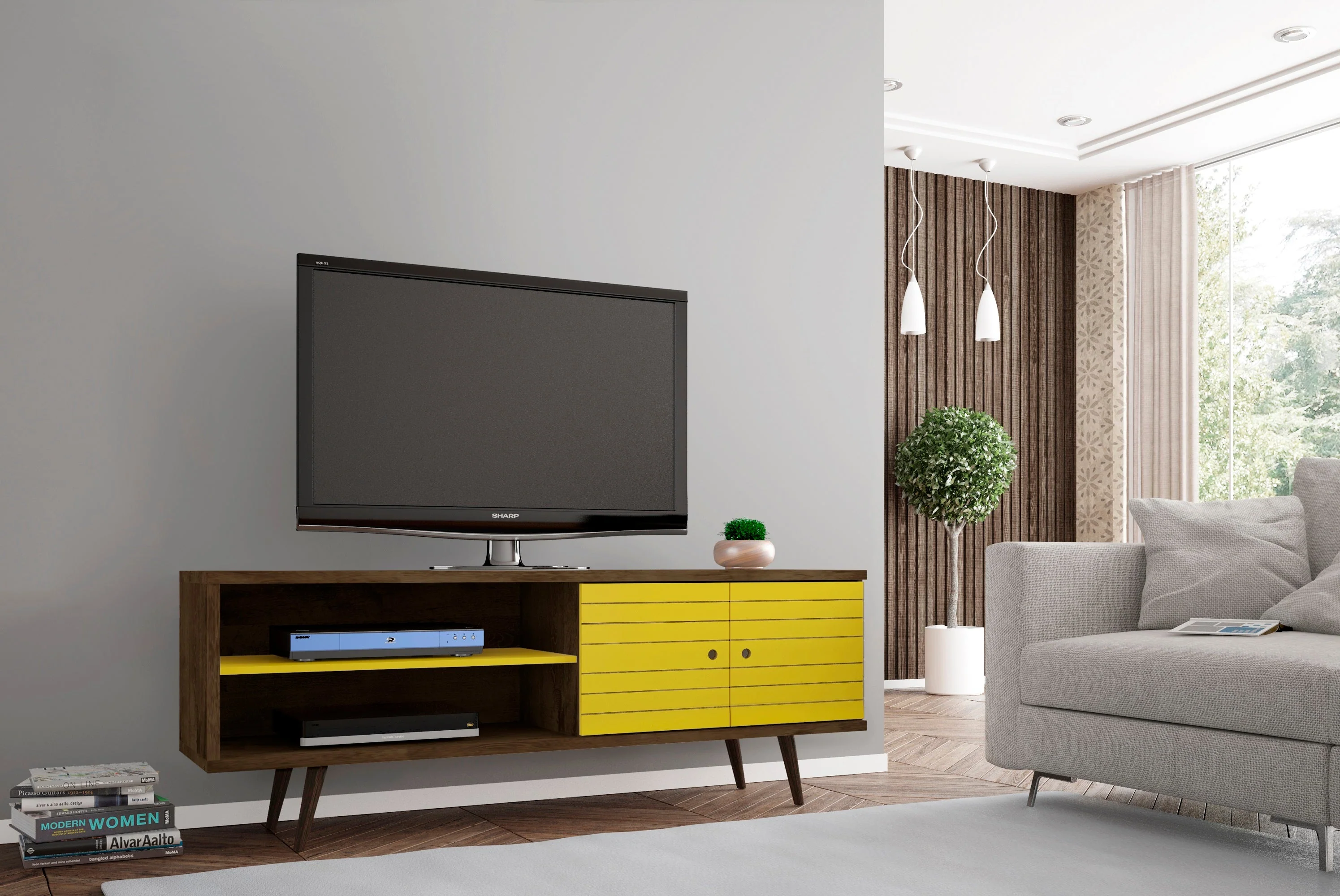 Liberty 62.99" Mid-Century Modern TV Stand in Rustic Brown and Yellow - Image 2