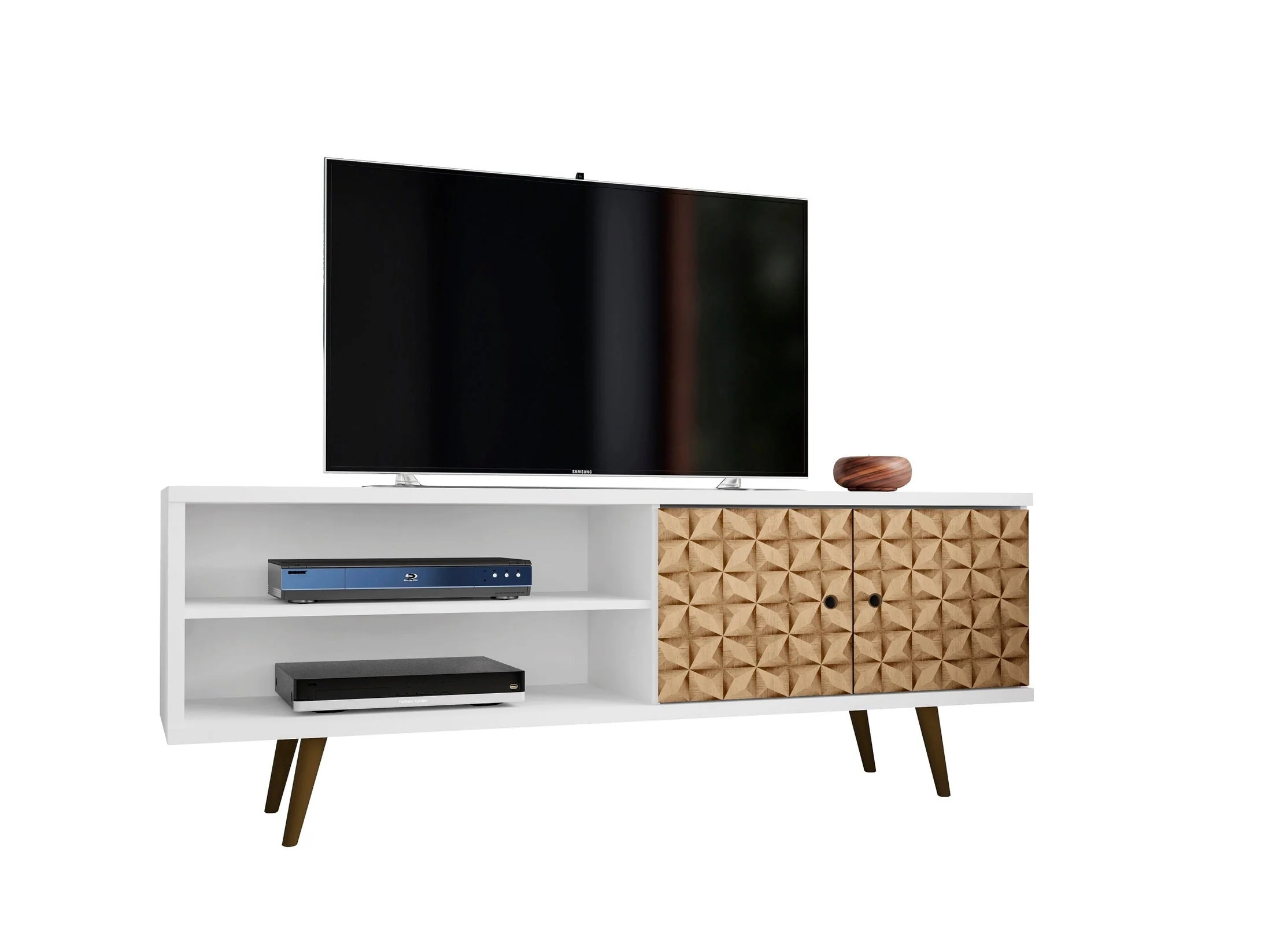 Liberty 62.99" Mid-Century Modern TV Stand in White and 3D Brown Prints