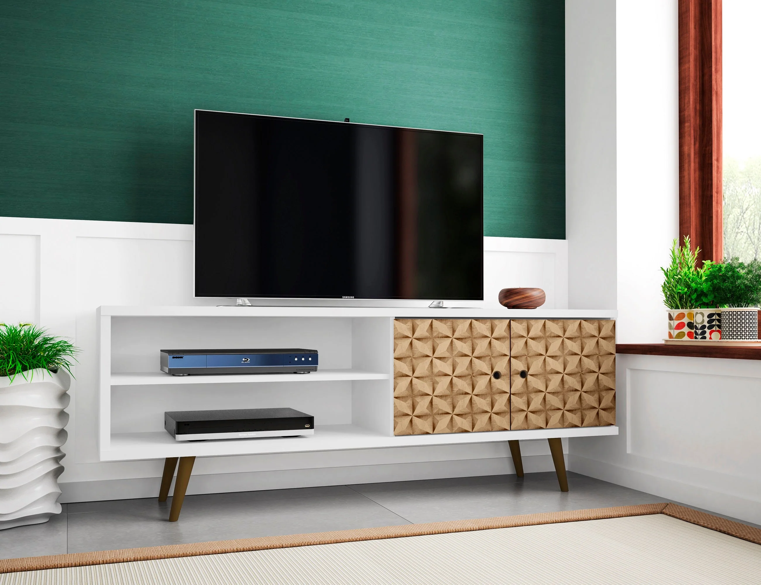 Liberty 62.99" Mid-Century Modern TV Stand in White and 3D Brown Prints - Image 2