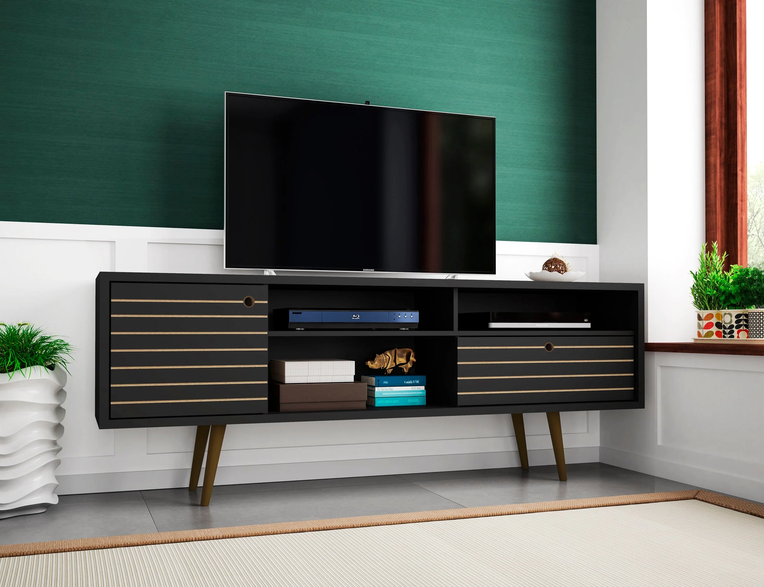 Liberty 70.86" Mid-Century Modern TV Stand in Black - Image 2