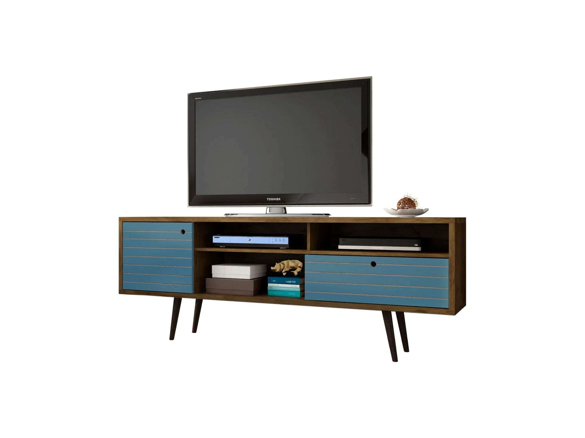 Liberty 70.86" Mid-Century Modern TV Stand in Rustic Brown and Aqua Blue