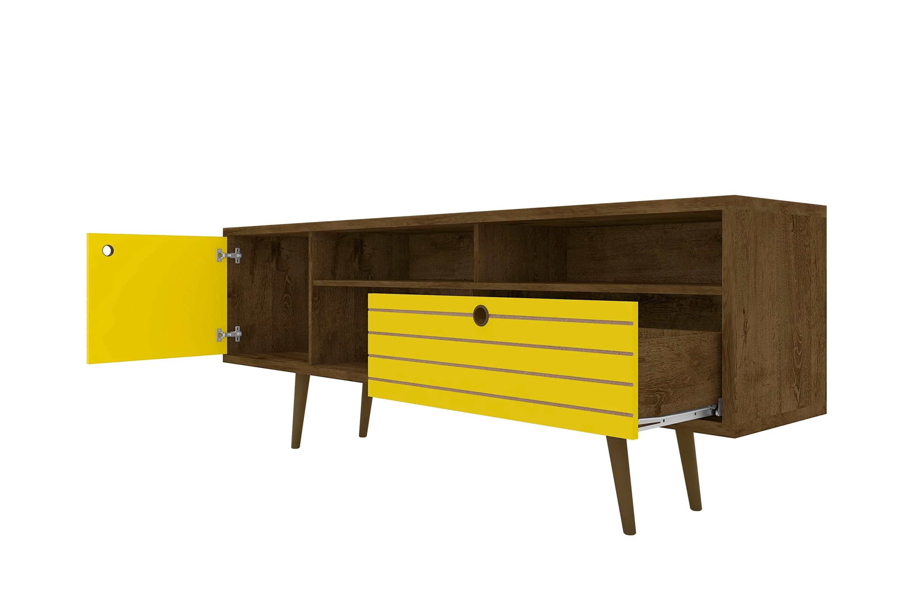 Liberty 70.86" Mid-Century Modern TV Stand in Rustic Brown and Yellow - Image 4