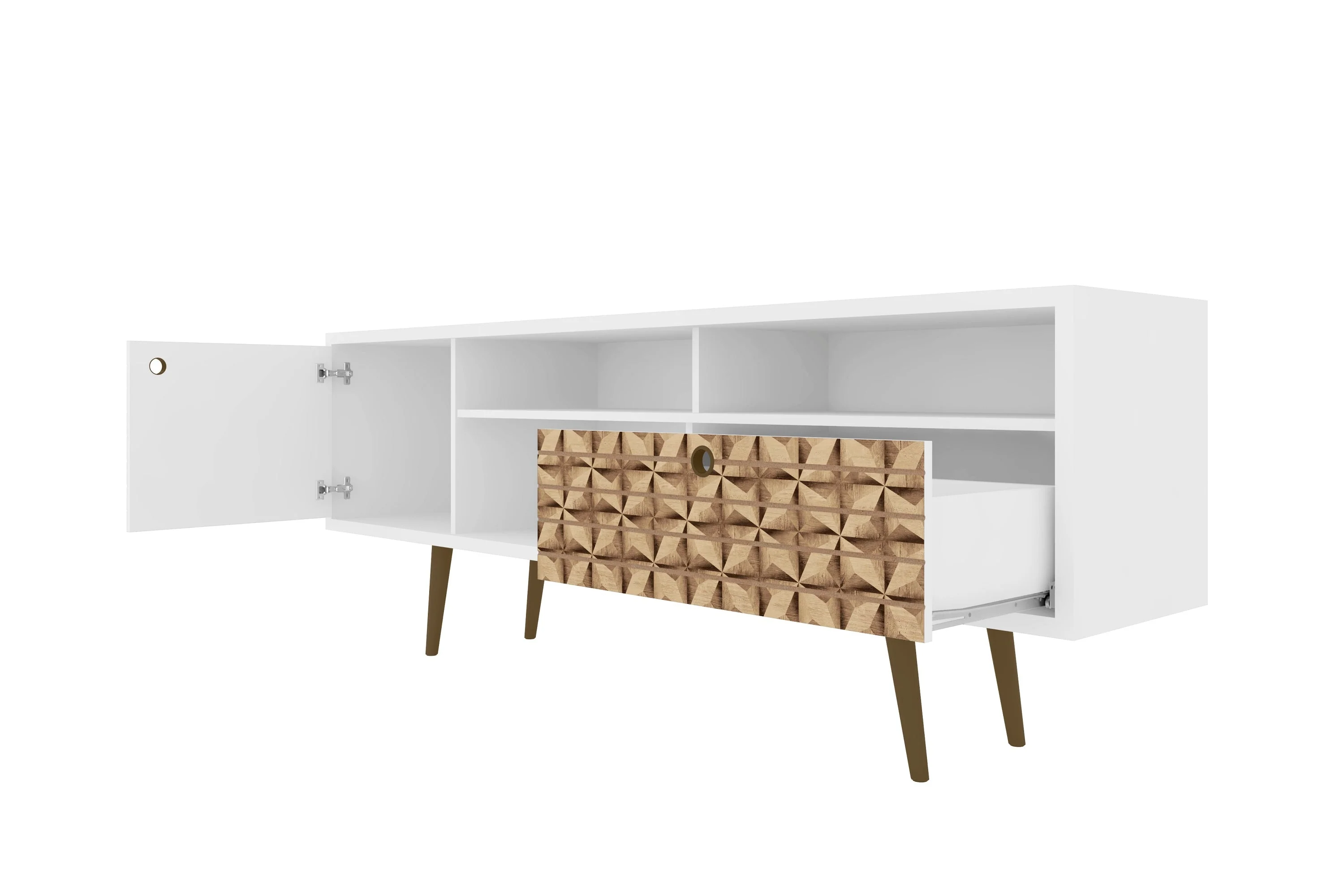 Liberty 70.86" Mid-Century Modern TV Stand in White and 3D Brown Prints - Image 4