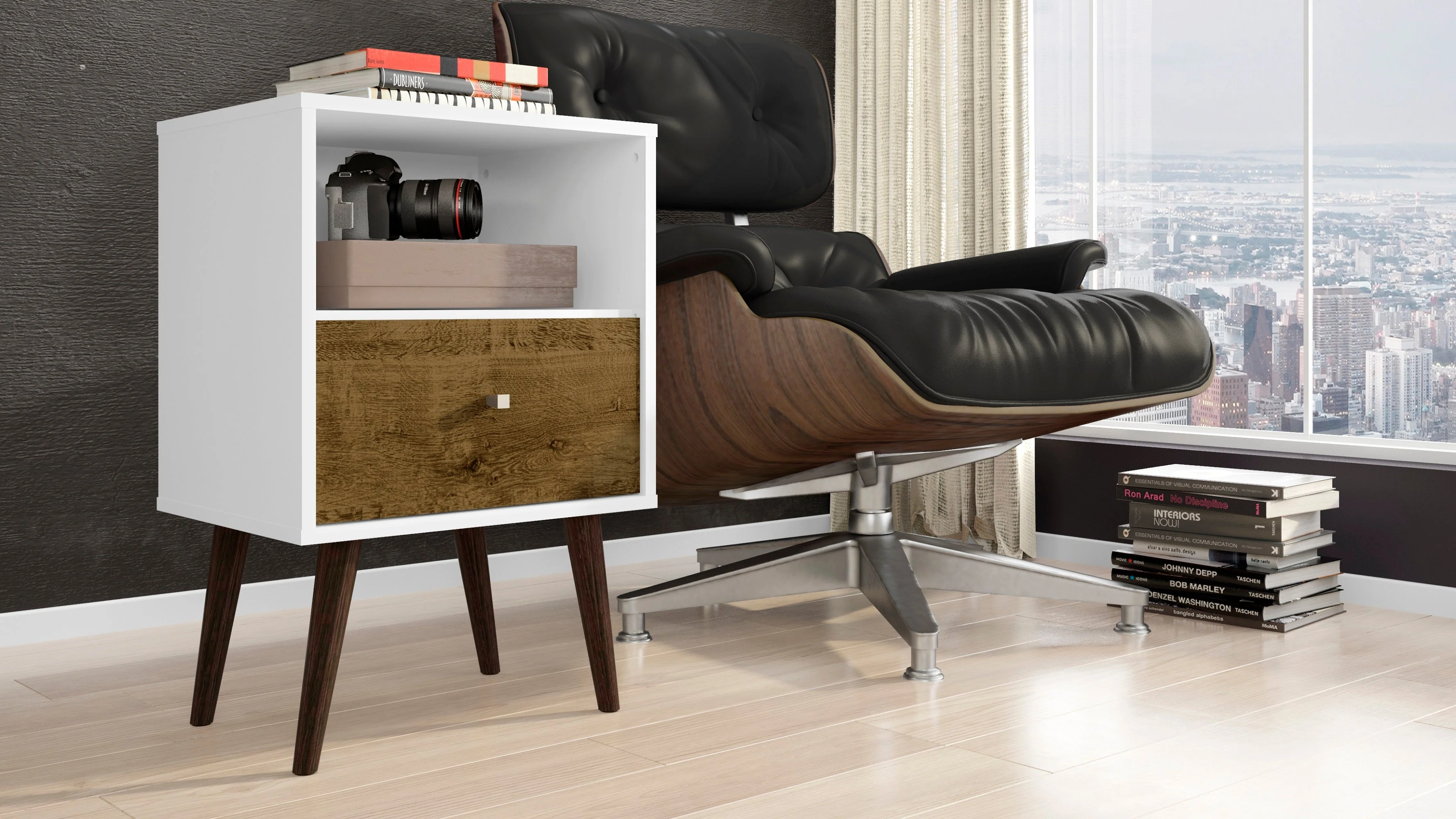 Liberty Mid-Century Modern Nightstand 1.0 in White and Rustic Brown - Image 2