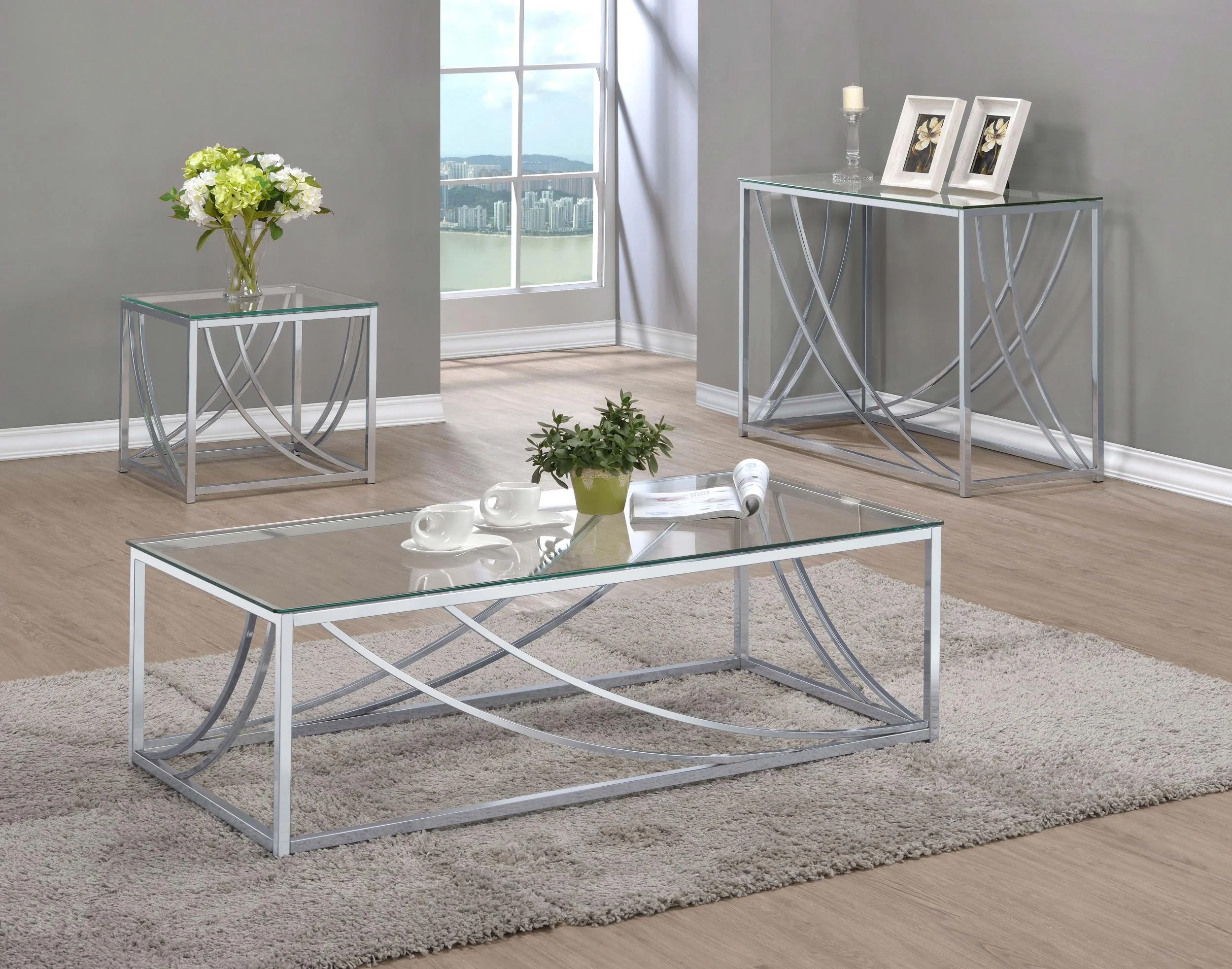 Lille Chrome 3-Piece Glass Top Coffee, End and Sofa Table Set