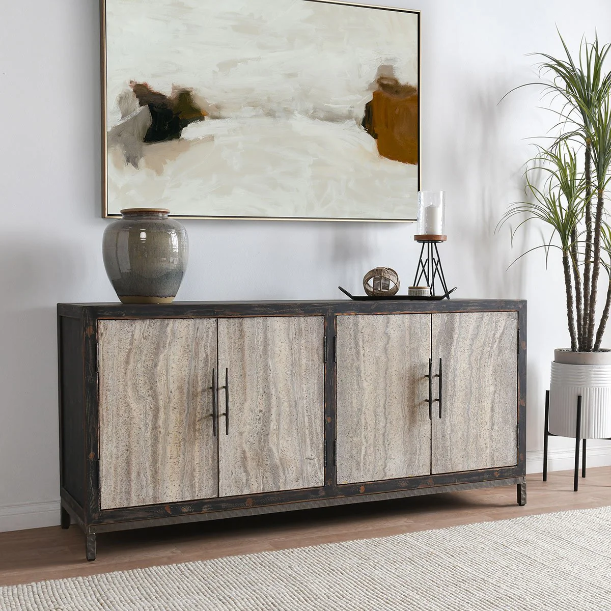 Lisbon 4 Door Cabinet - Weathered Black/Travertine - Image 8
