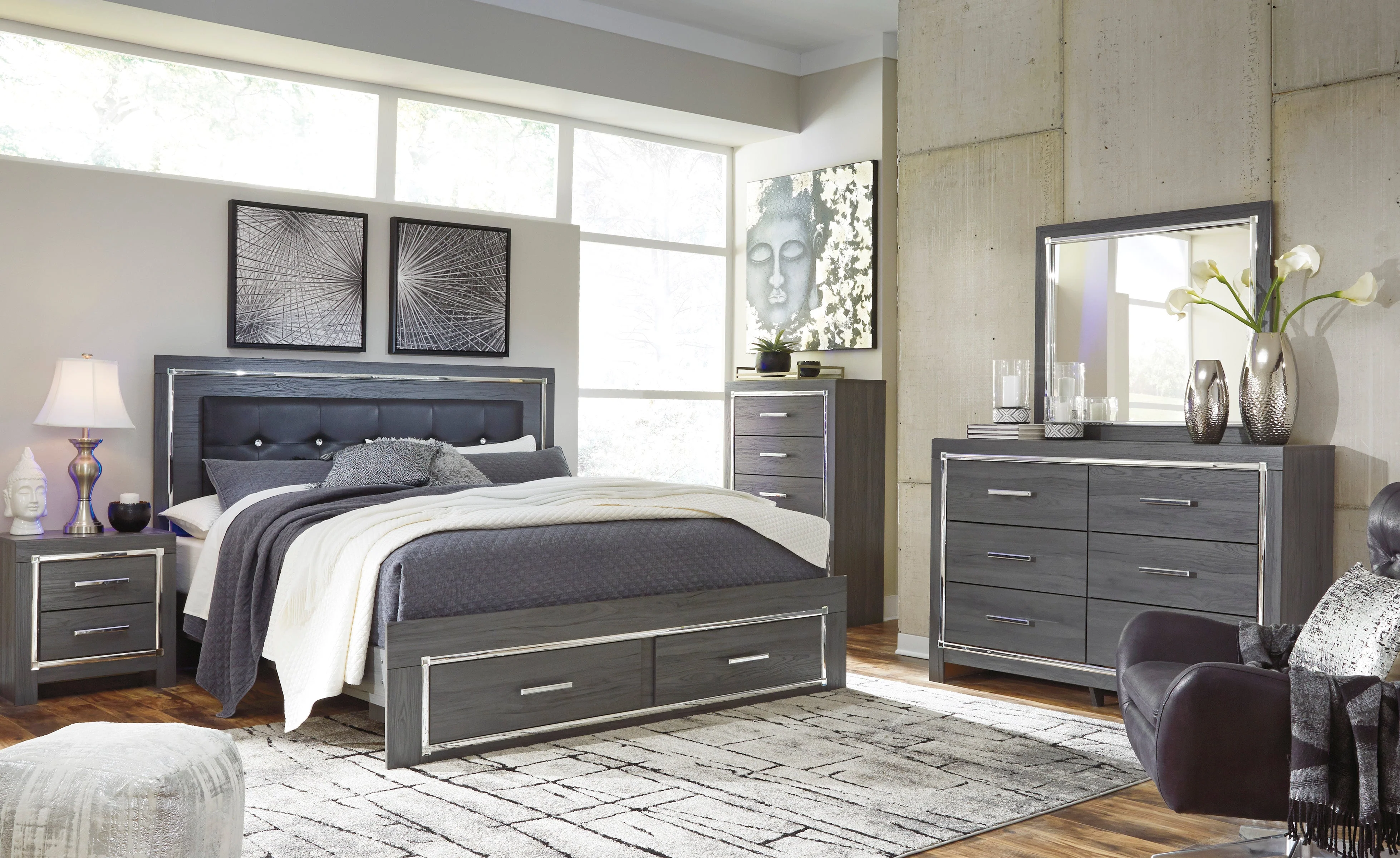 Lodanna Gray LED Upholstered Storage Panel Bedroom Set - Image 2