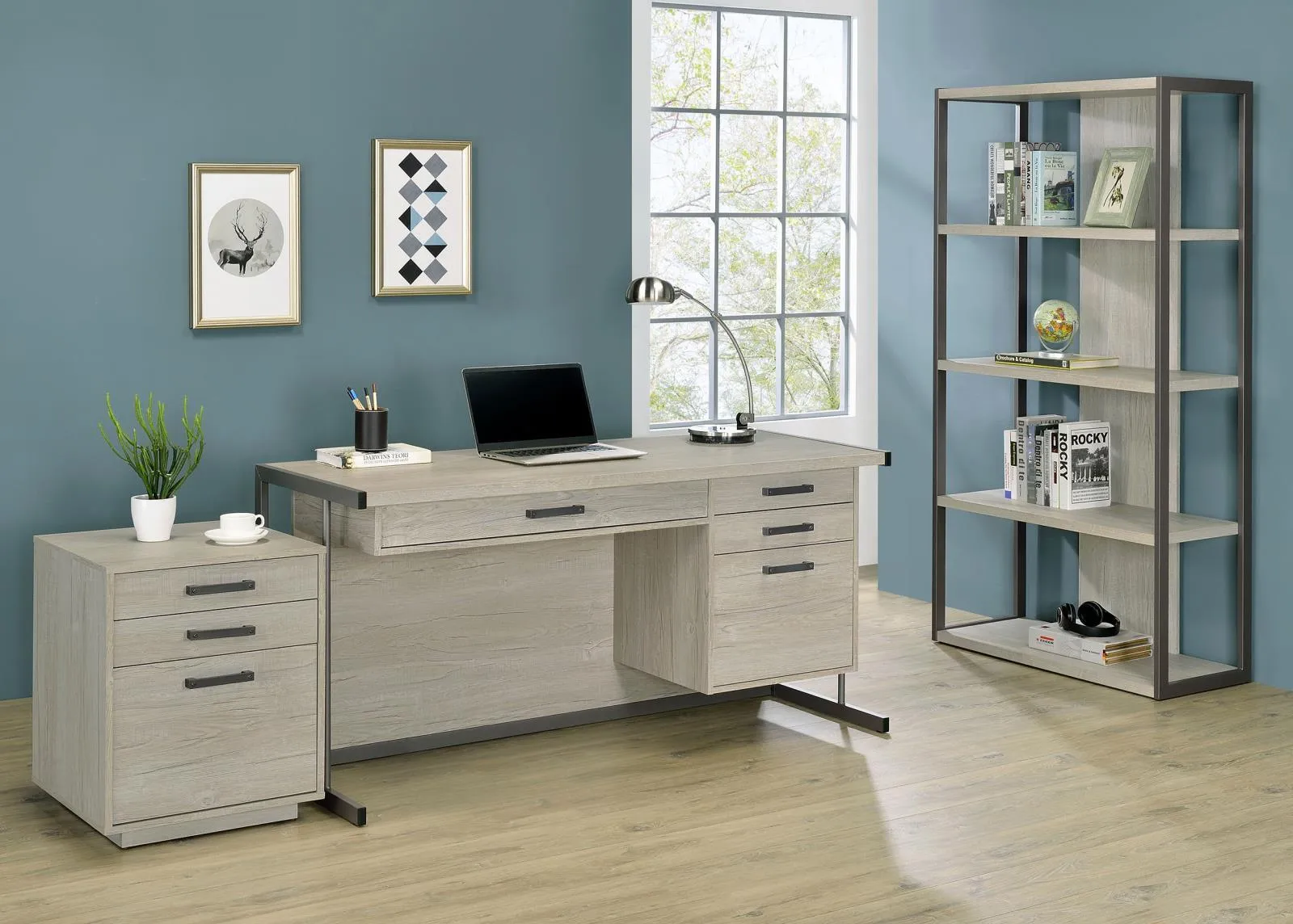 Loomis Whitewashed Gray/Gunmetal 4-Drawer Rectangular Office Desk - Image 10