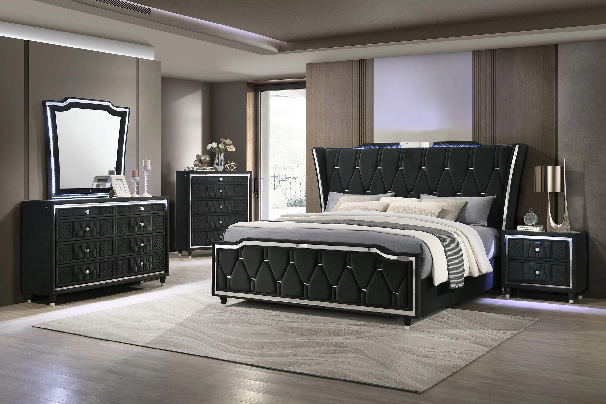 Lorient Black Queen LED Upholstered Wingback Bed - Image 10