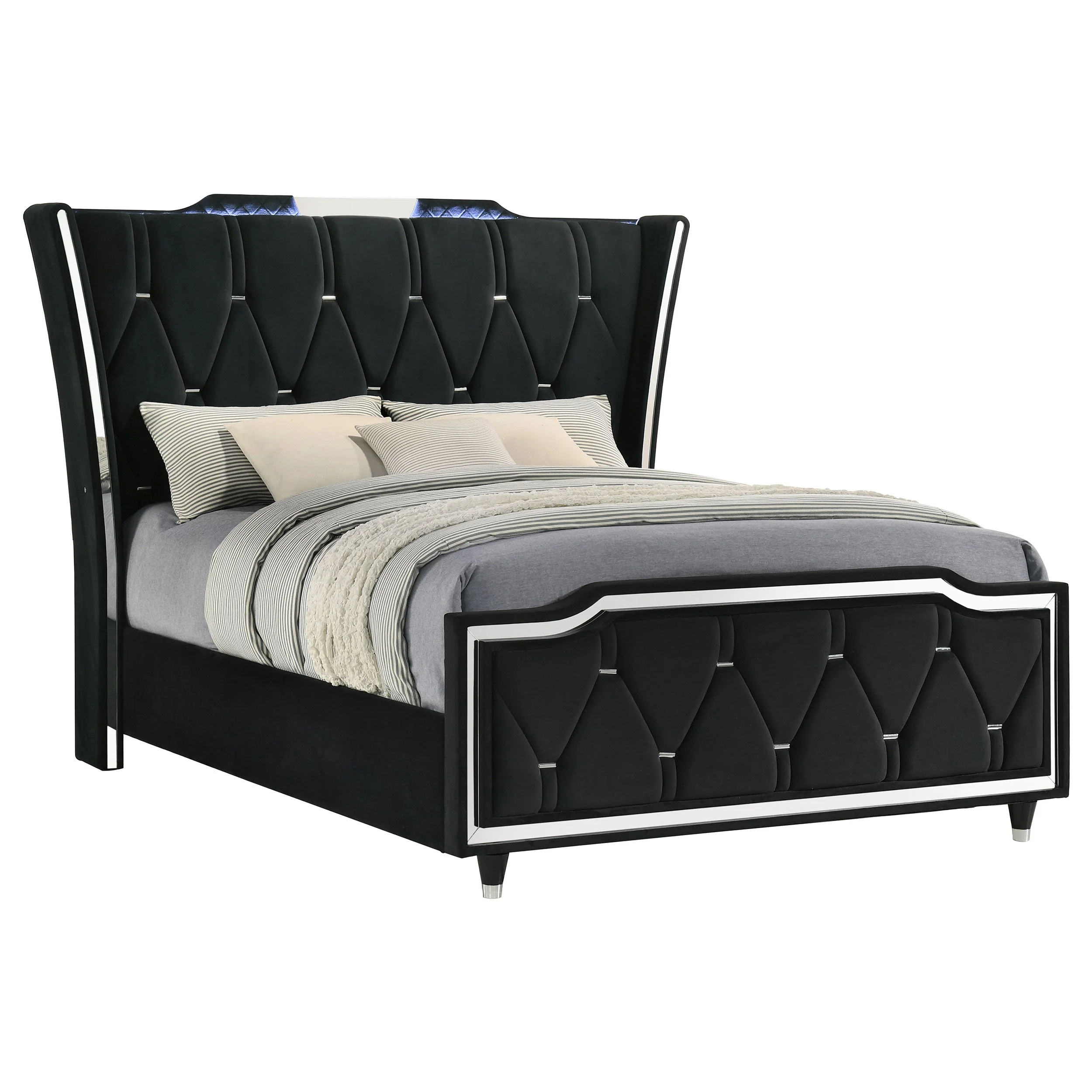 Lorient Black Queen LED Upholstered Wingback Bed - Image 2