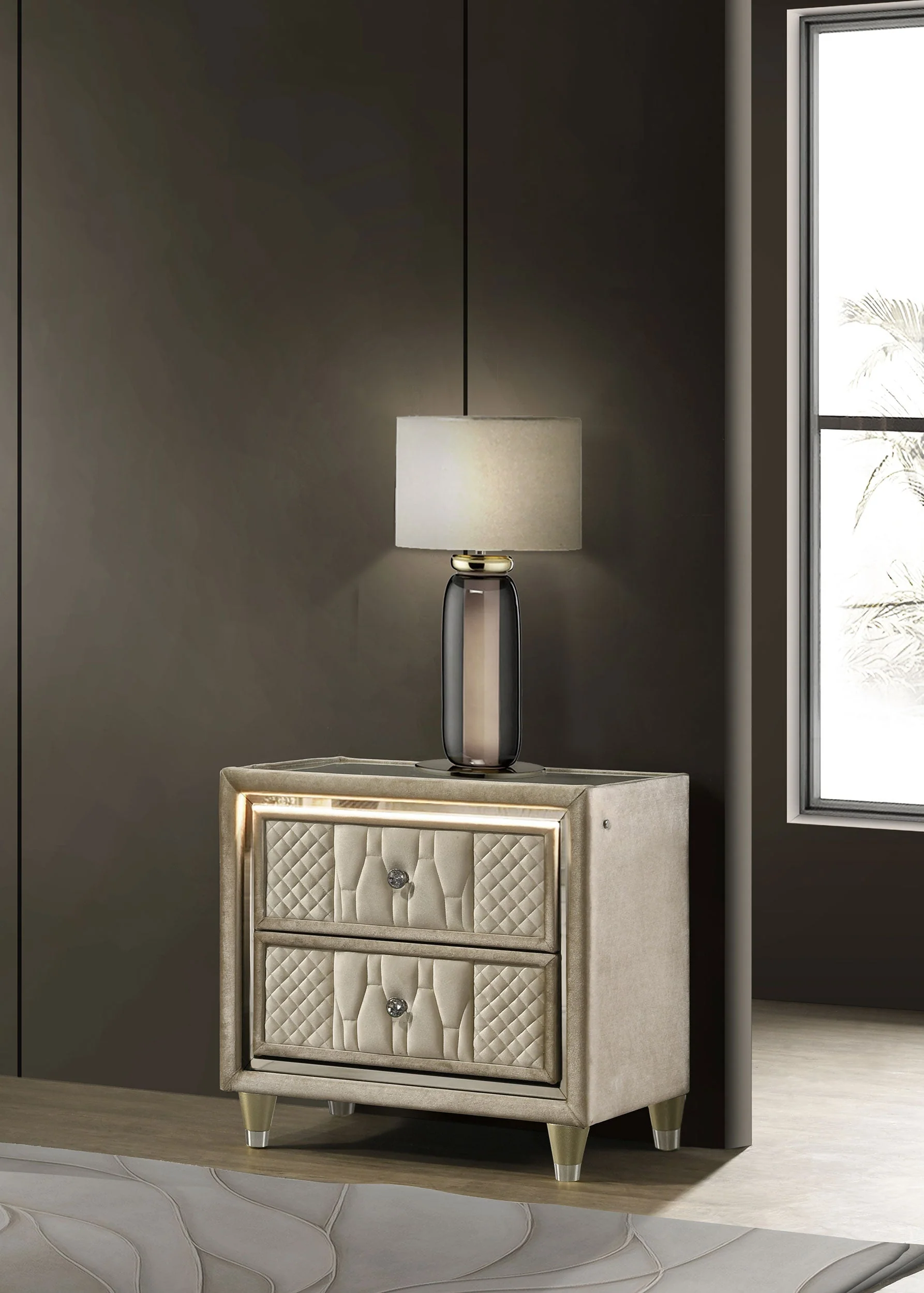 Lorient Ivory/Camel 2-drawer LED Nightstand with USB