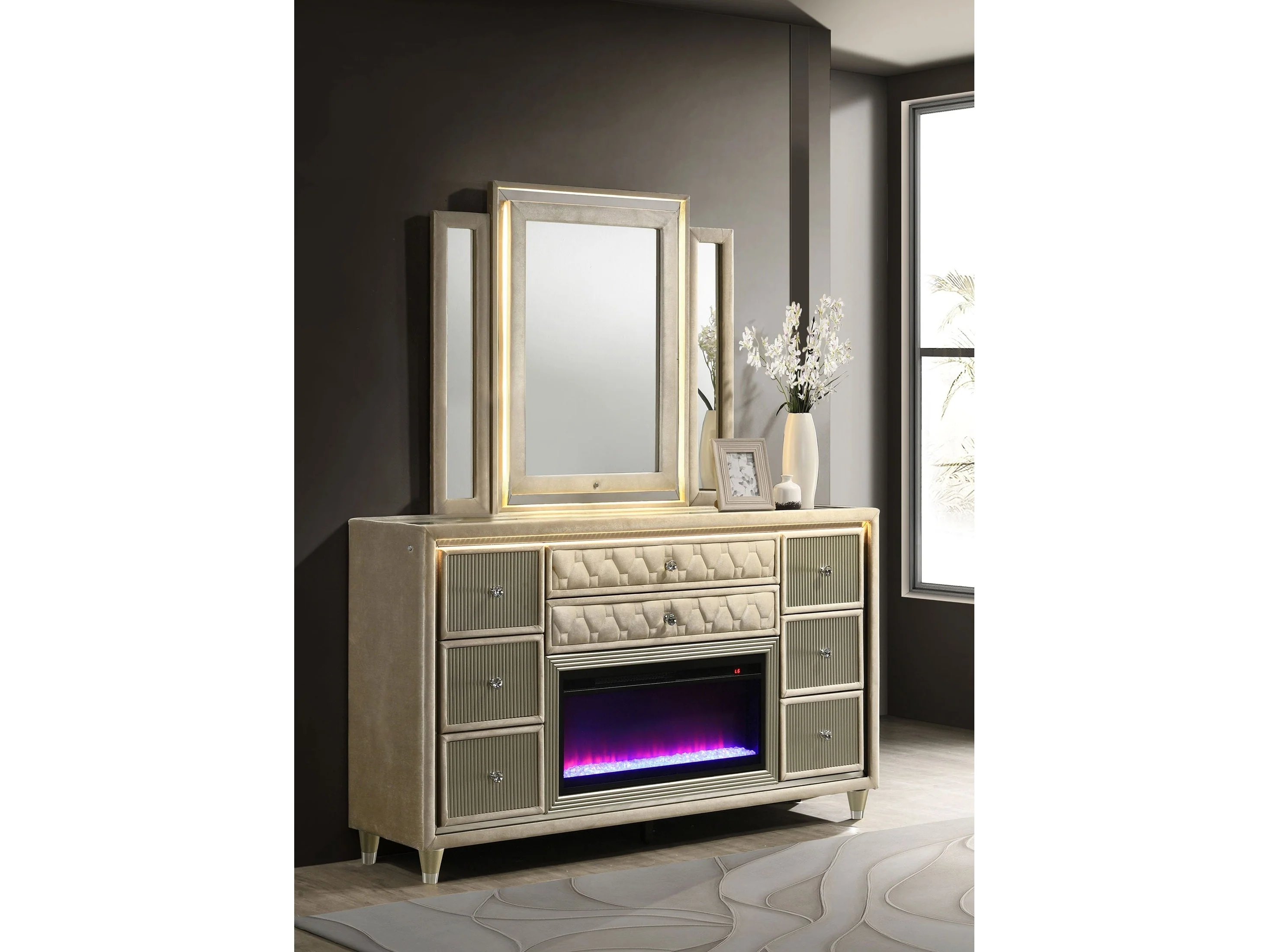 Lorient Ivory/Camel 8-drawer LED Flame Box Dresser and Mirror