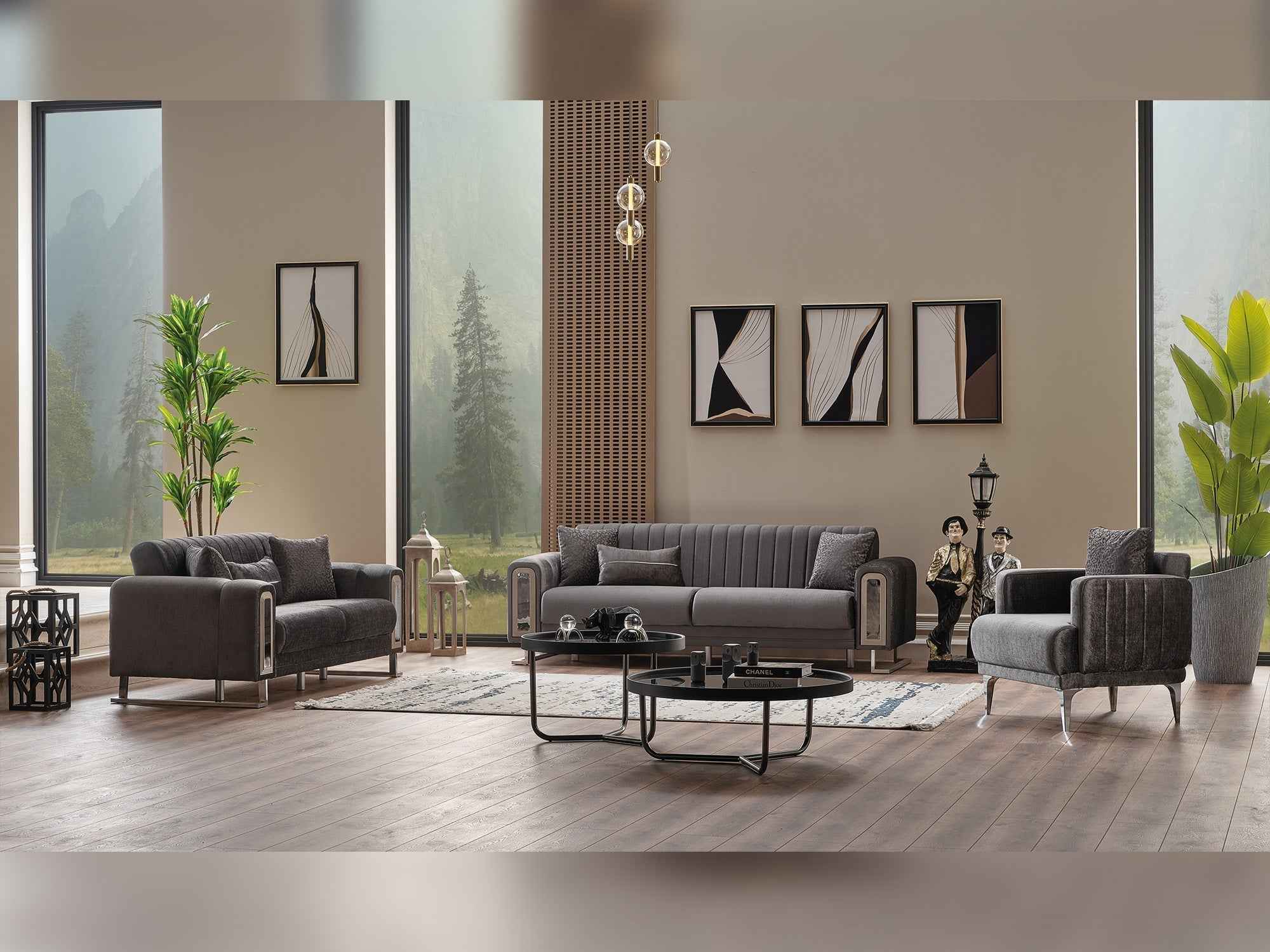 Lotus Grey 3-pieces (Sofa & Loveseat & Chair) Living Room Set