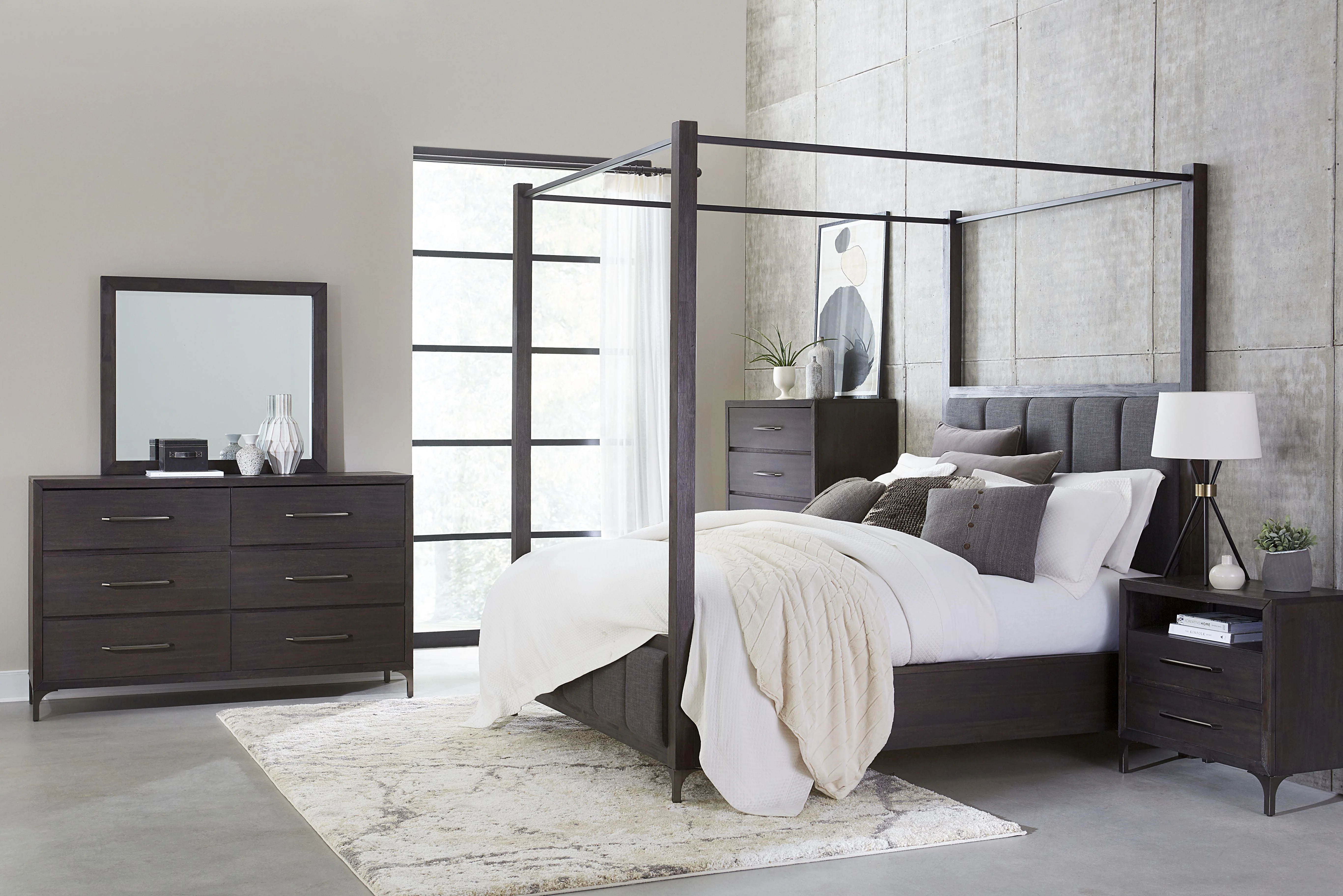 Lucerne Upholstered Queen Canopy Bed in Vintage Coffee - Image 3