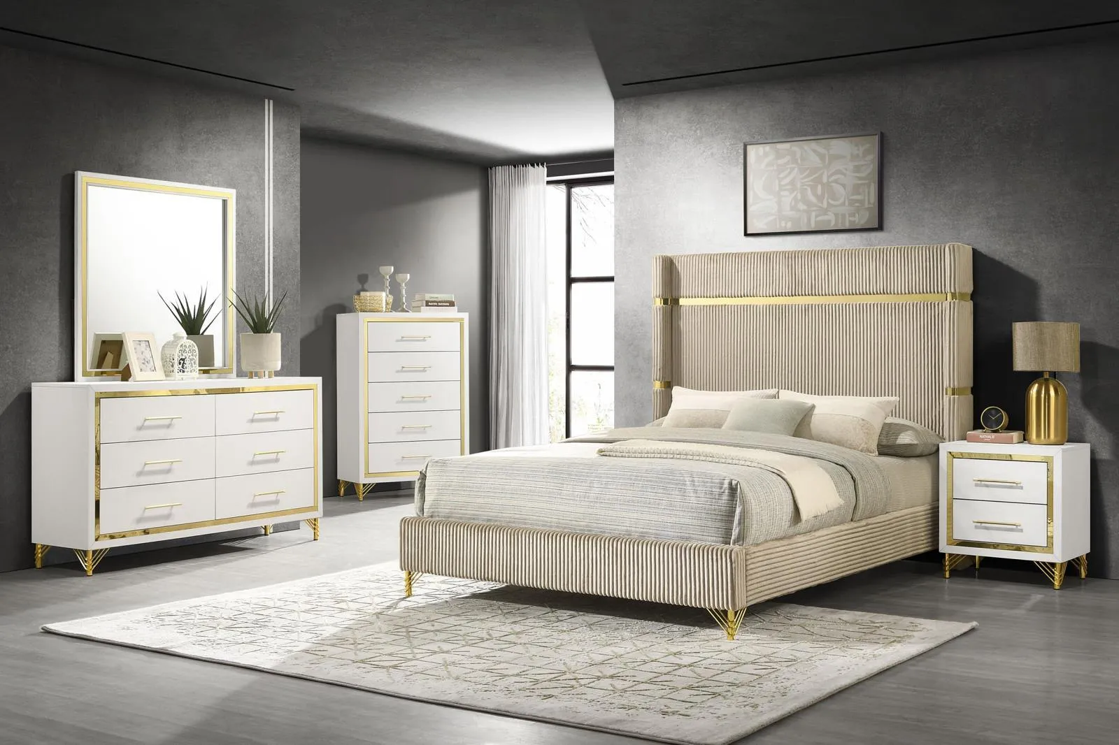 Lucia Beige Upholstered Eastern King Wingback Panel Bed - Image 6