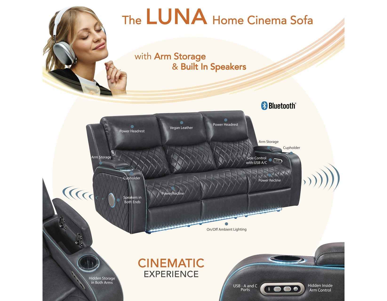 Luna Home Cinema Power Reclining Sofa, Charcoal Vegan Leather - Image 17